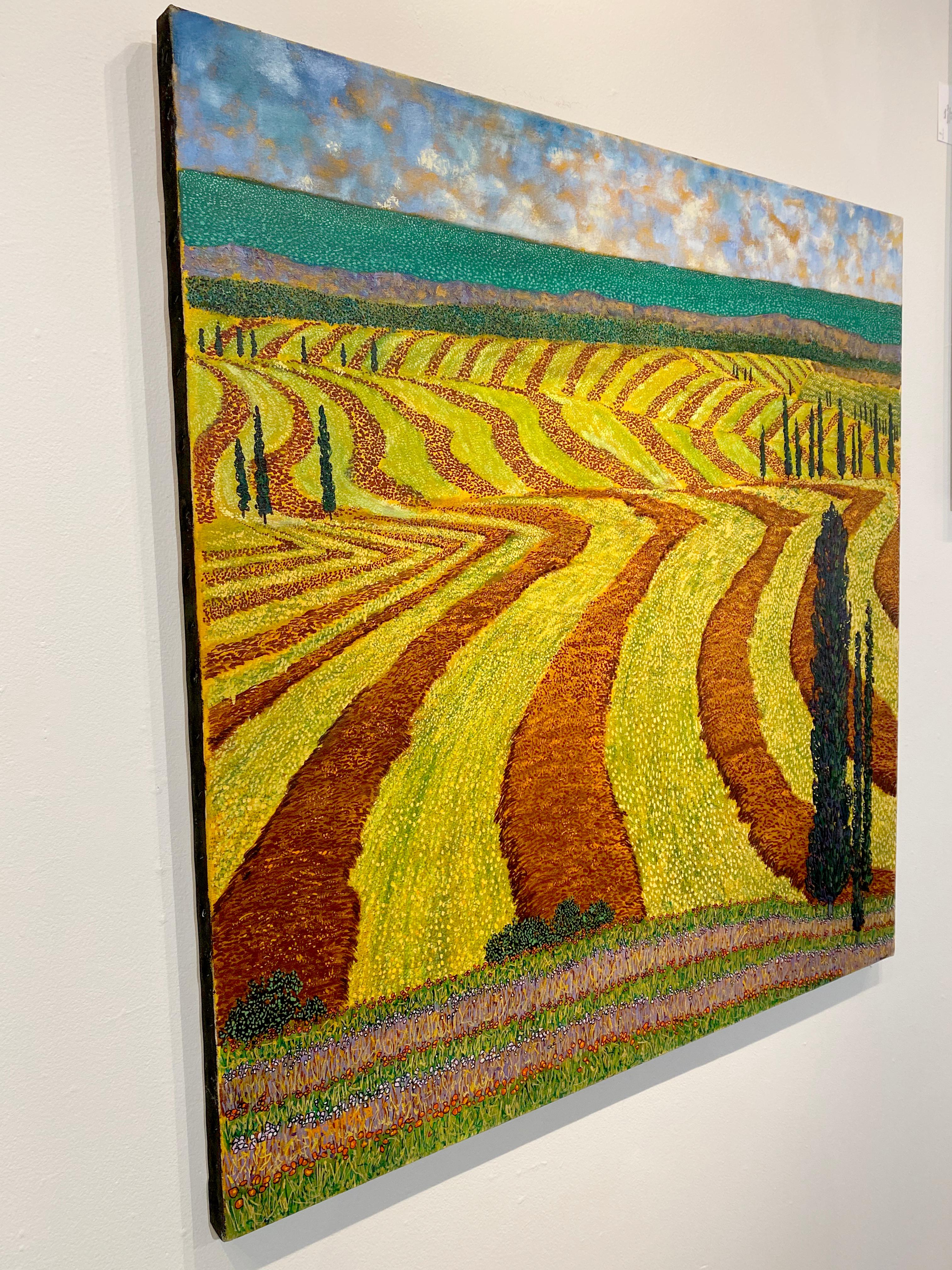H.M. Peinture à l'huile sur toile « Harvest Fields » de Saffer II, représentant un paysage pointilliste  - Pointillisme Painting par H.M. Saffer II