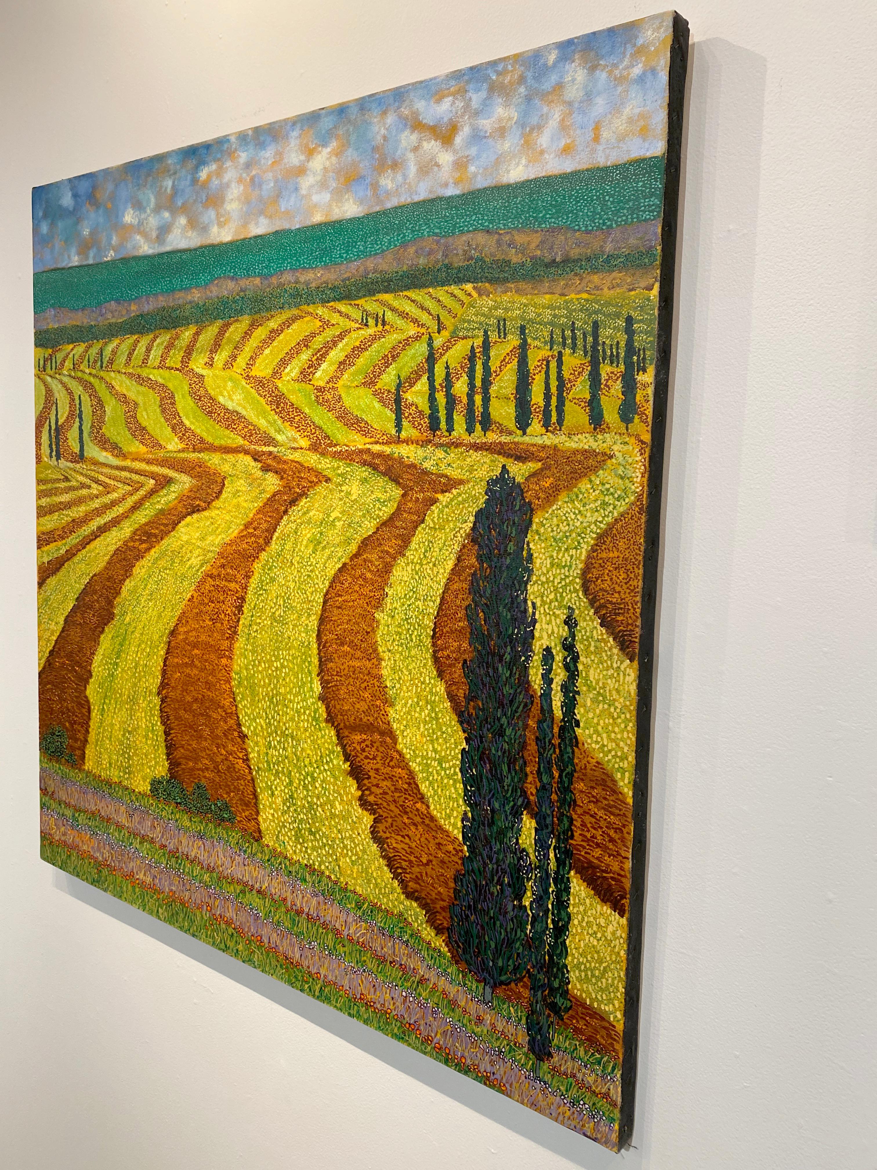 H.M. Peinture à l'huile sur toile « Harvest Fields » de Saffer II, représentant un paysage pointilliste  - Marron Abstract Painting par H.M. Saffer II