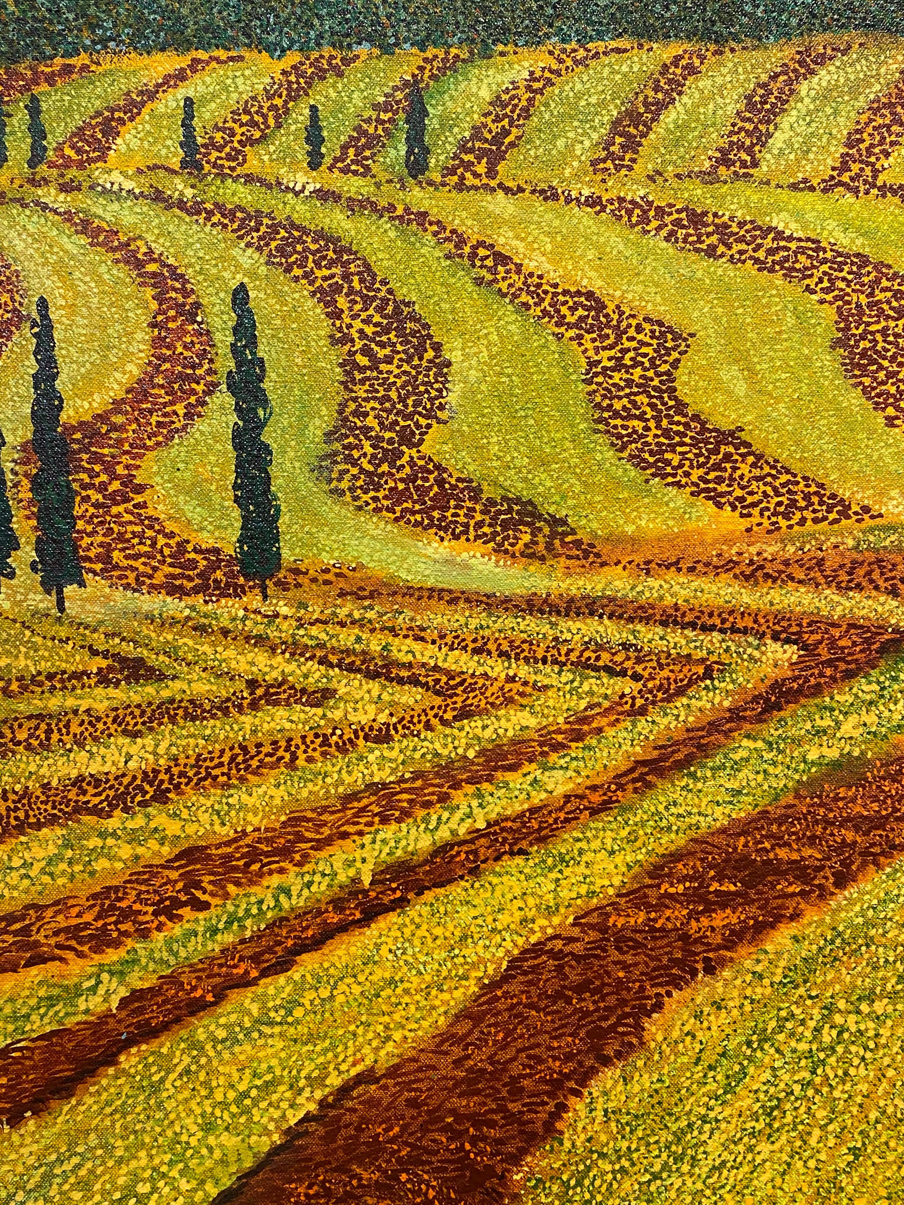 H.M. Saffer II, „Erntefelder“, pointillistische Landschaft, Ölgemälde auf Leinwand  im Angebot 4