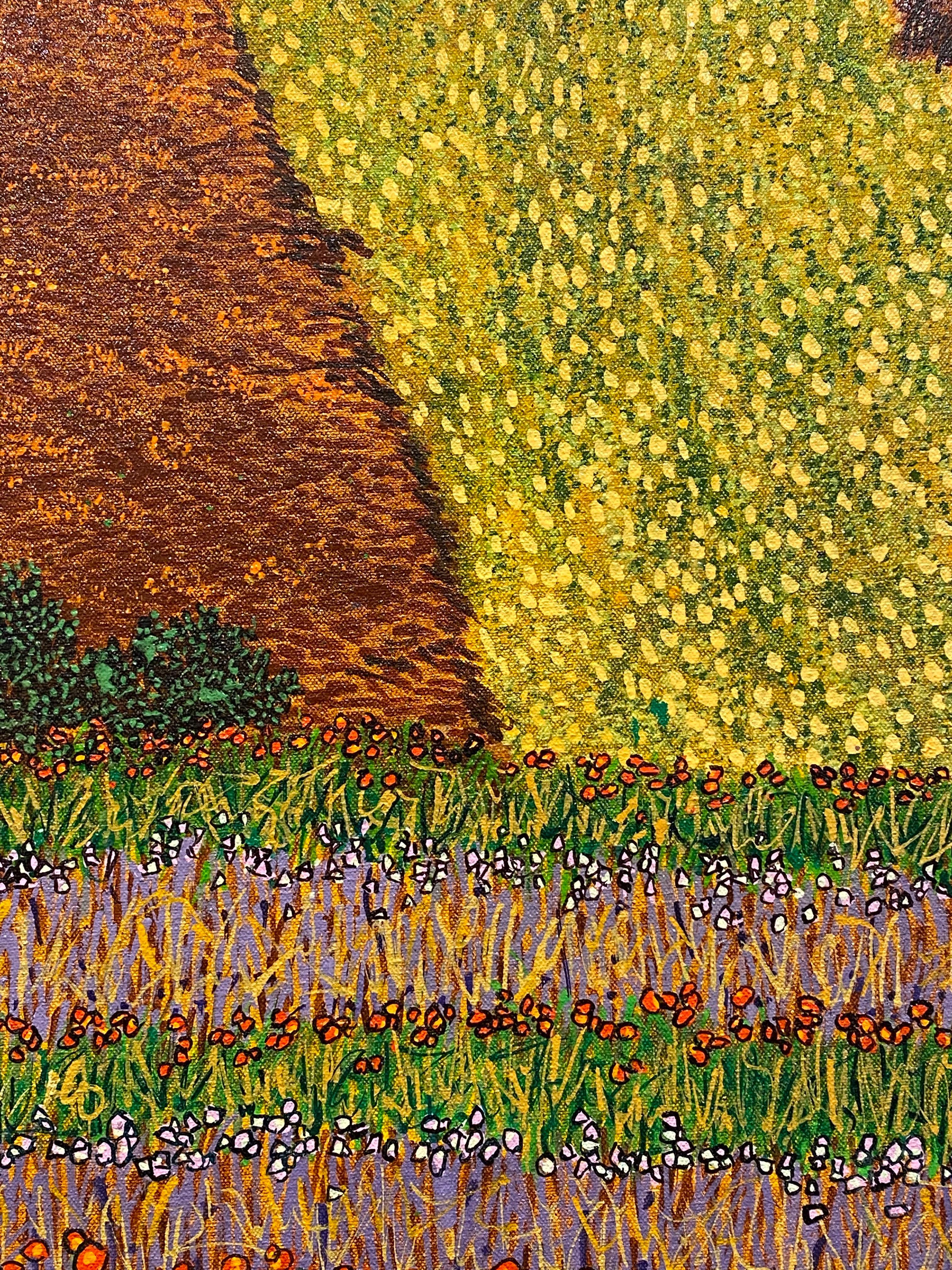 H.M. Peinture à l'huile sur toile « Harvest Fields » de Saffer II, représentant un paysage pointilliste  en vente 1