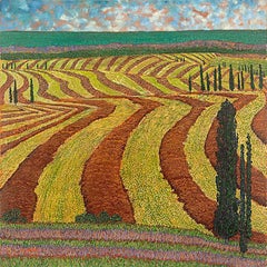 H. H. Saffer II, "Campi coltivati", pittura puntinista di paesaggio su tela