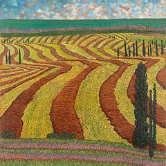 H.M. Saffer II, „Erntefelder“, pointillistische Landschaft, Ölgemälde auf Leinwand 