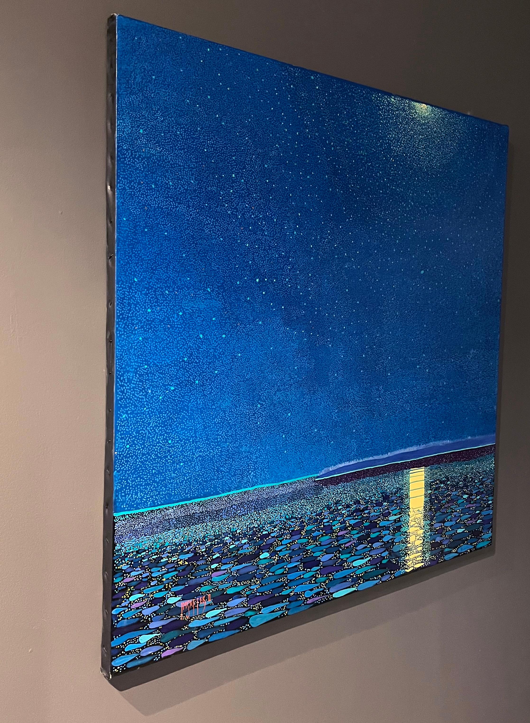 H.M. Saffer II, „Moonscape III“, 44x44 Blaues pointillistisches Landschaftsgemälde, Ölgemälde im Angebot 1
