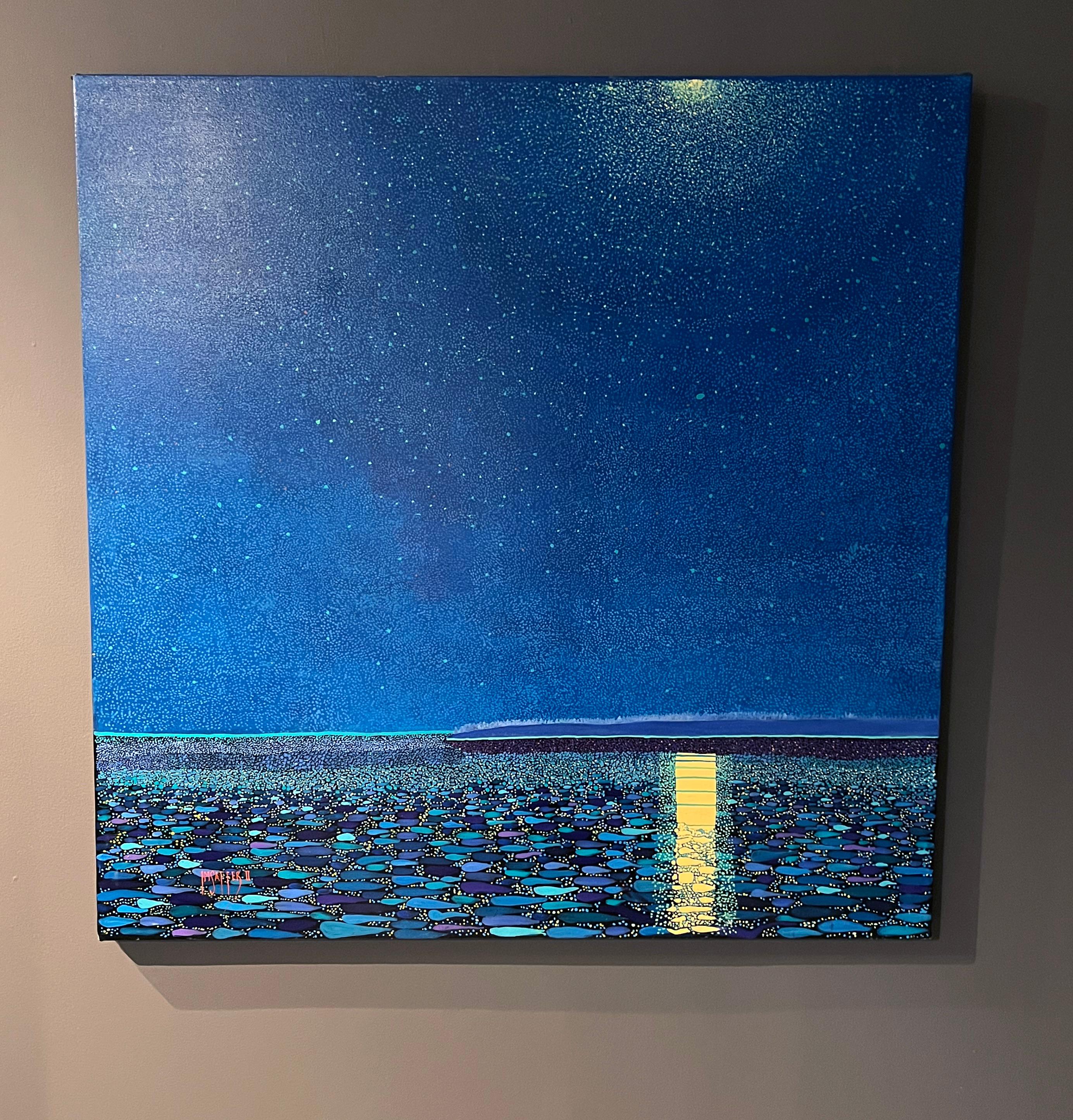 H.M. Saffer II, „Moonscape III“, 44x44 Blaues pointillistisches Landschaftsgemälde, Ölgemälde im Angebot 2