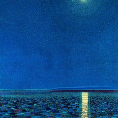 H.M. Saffer II, "Moonscape III", 44x44 Blue Pointillist Landscape Oil Painting
