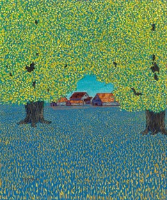 H.M. Saffer II:: "Off Route 11":: peinture à l'huile de paysage pointilliste sur toile