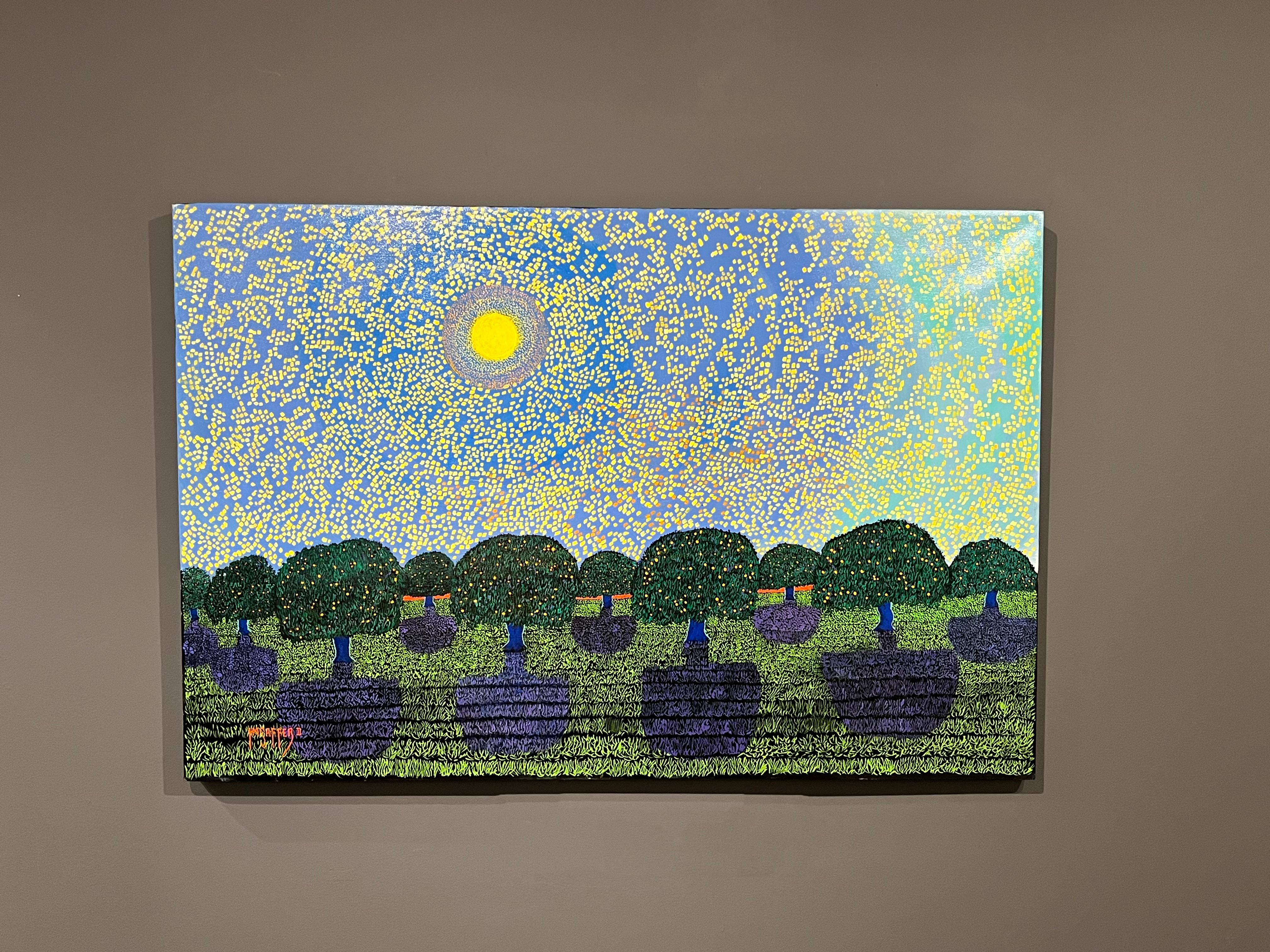 H.M. Saffer II, „Orchard Sky“, 28x42 Blaues pointillistisches Landschaftsgemälde, Ölgemälde im Angebot 1