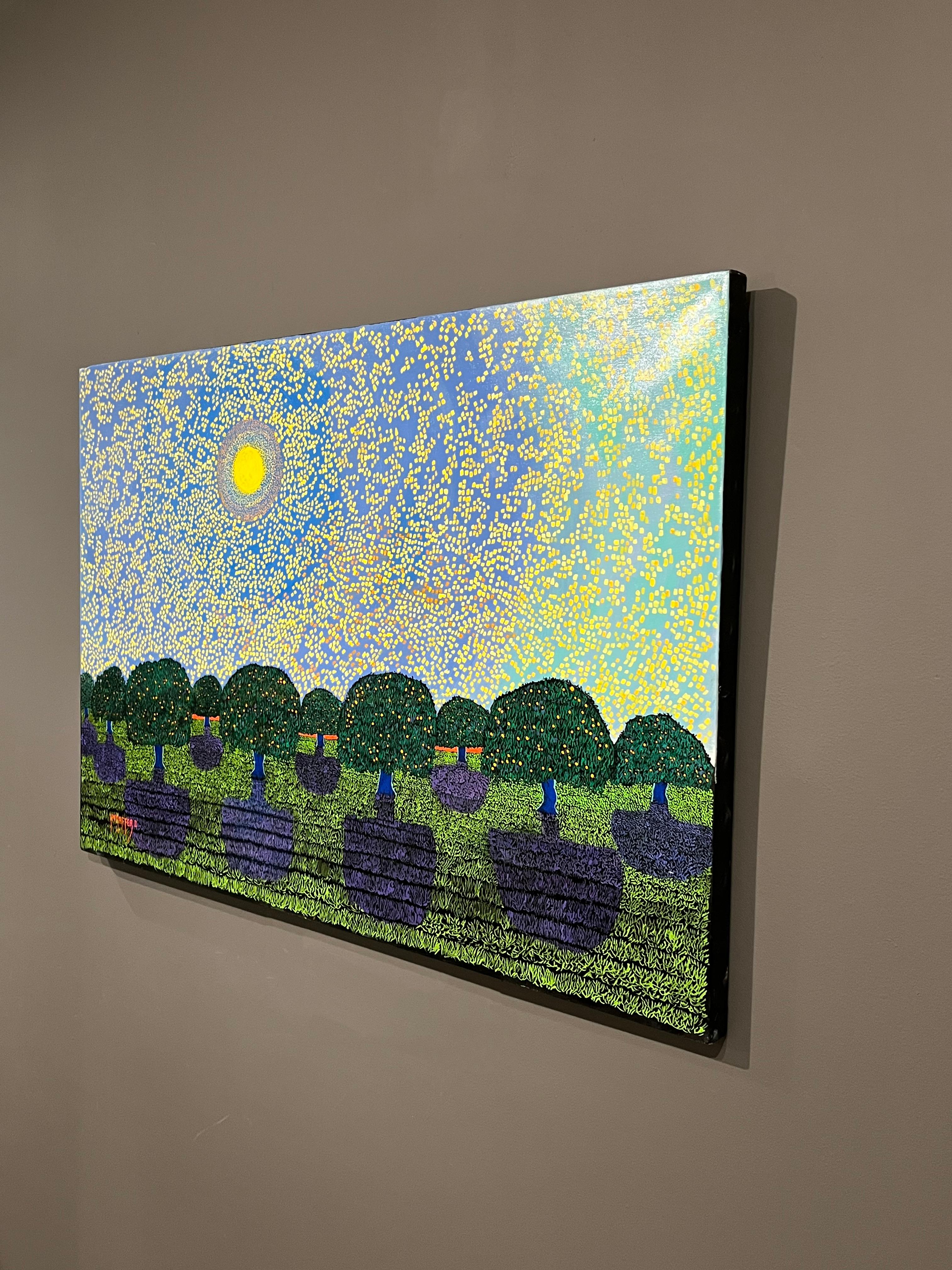 H.M. Saffer II, „Orchard Sky“, 28x42 Blaues pointillistisches Landschaftsgemälde, Ölgemälde im Angebot 2