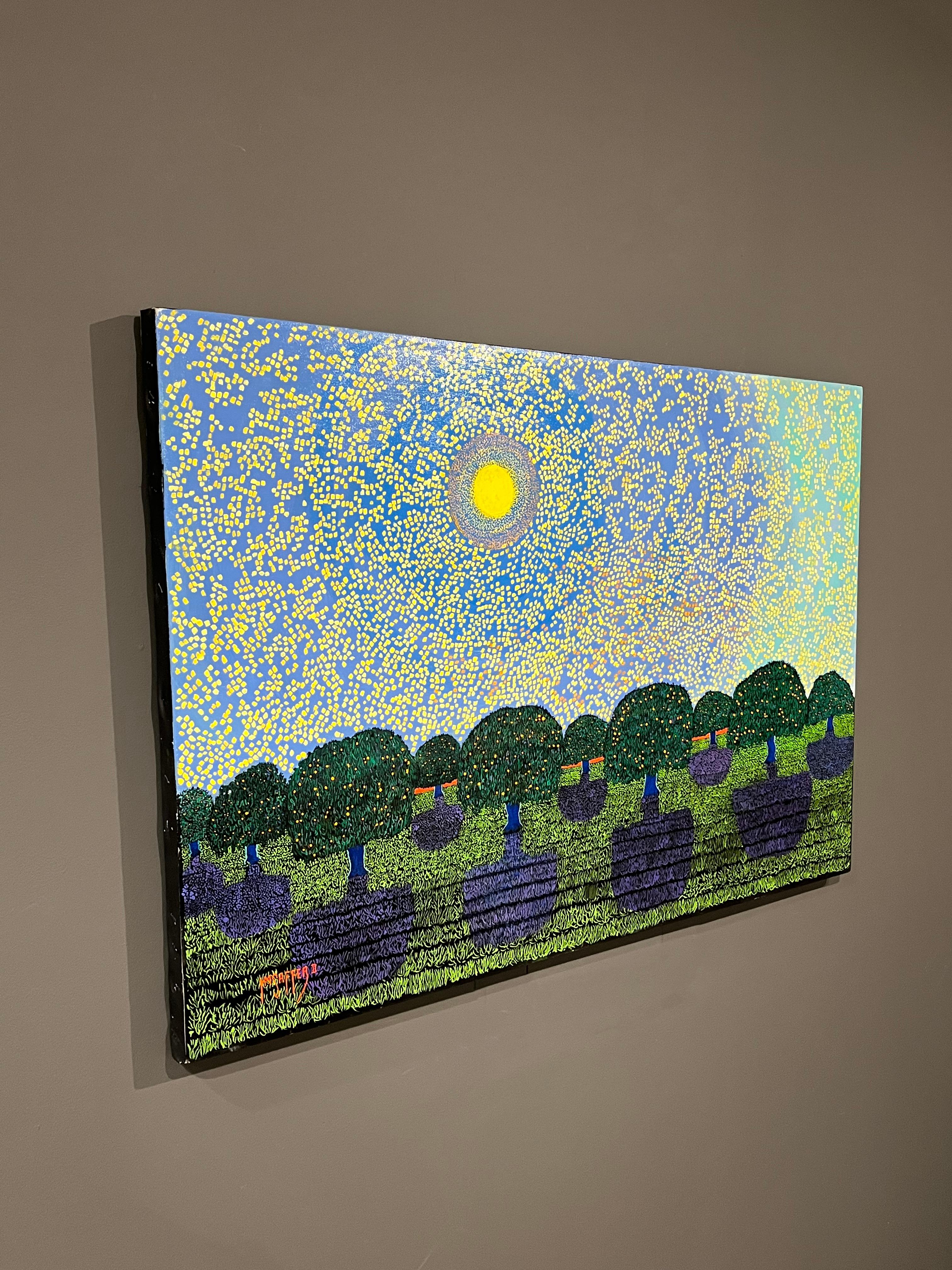 H.M. Saffer II, „Orchard Sky“, 28x42 Blaues pointillistisches Landschaftsgemälde, Ölgemälde im Angebot 3