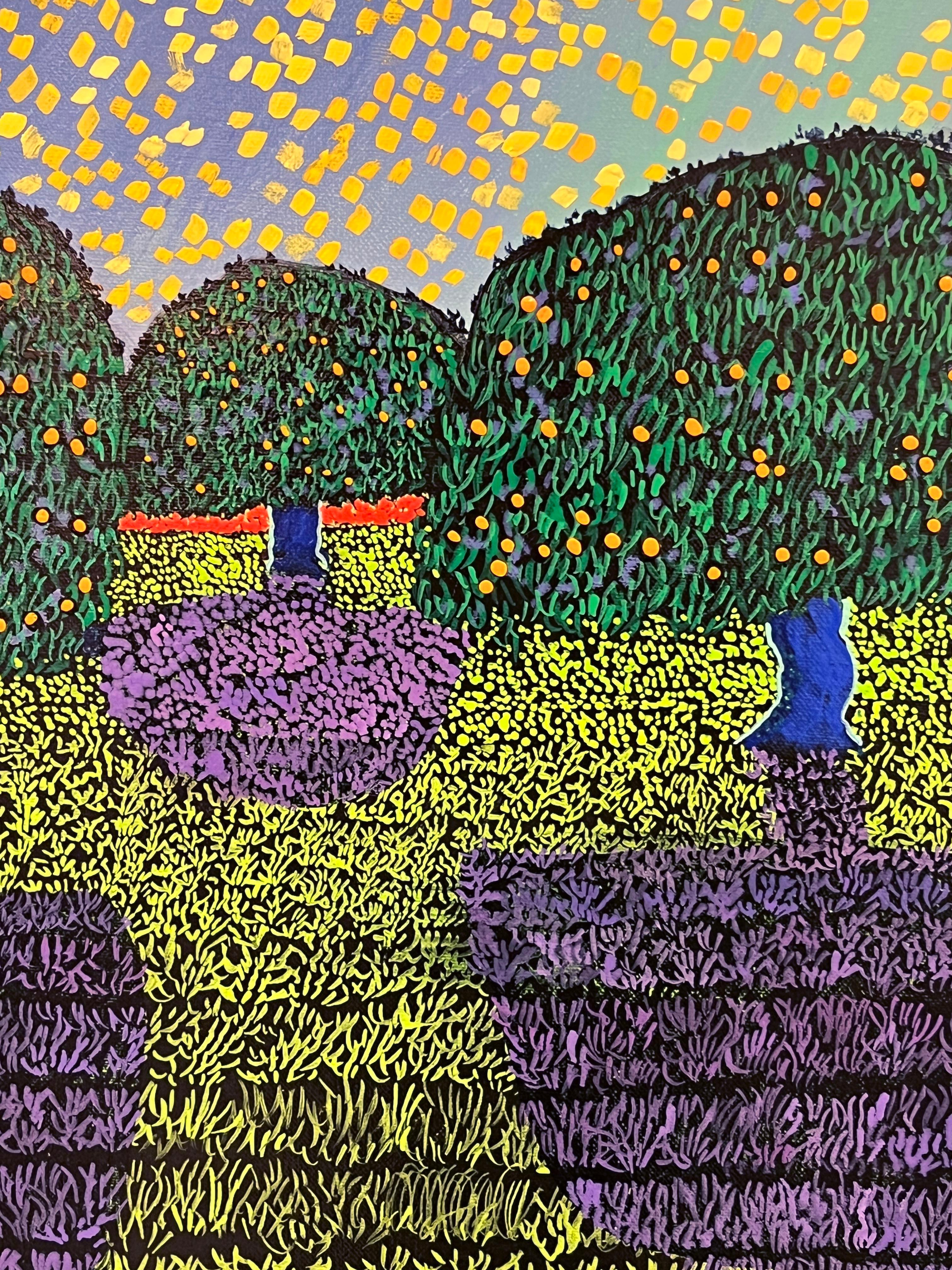H.M. Saffer II, „Orchard Sky“, 28x42 Blaues pointillistisches Landschaftsgemälde, Ölgemälde im Angebot 5