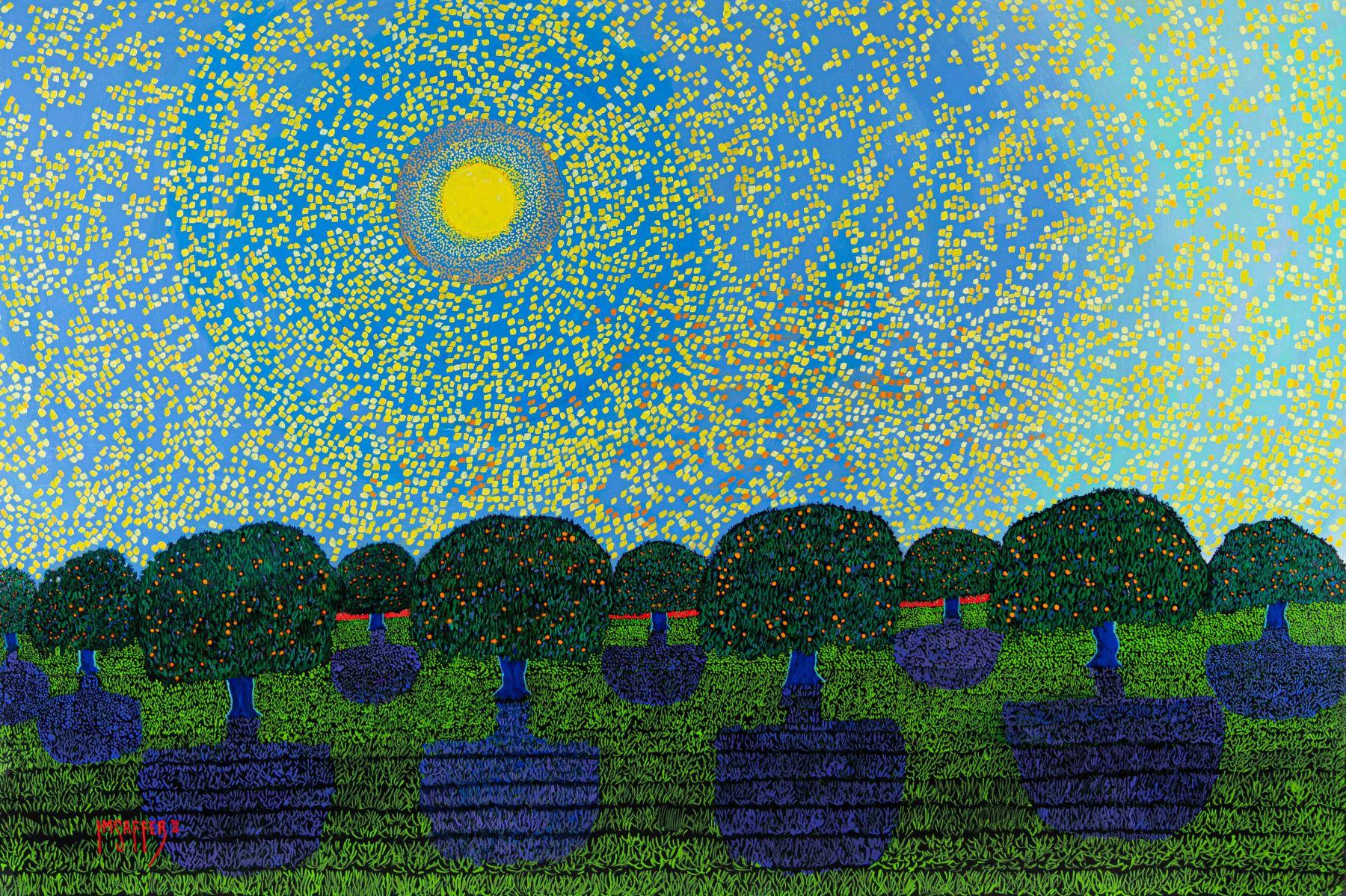 H.M. Peinture à l'huile de Saffer II, Orchard Sky, 28x42, paysage pointilliste bleu