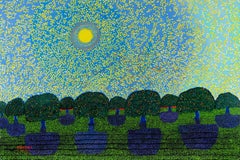 H.M. Peinture à l'huile de Saffer II, Orchard Sky, 28x42, paysage pointilliste bleu