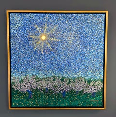 H.M. Saffer II, "Spring Apples", 32x32 Blue Pointillist Landscape Oil Painting o