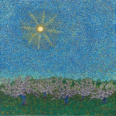 H.M. Saffer II, "Spring Apples", 32x32 Blue Pointillist Landscape Oil Painting o