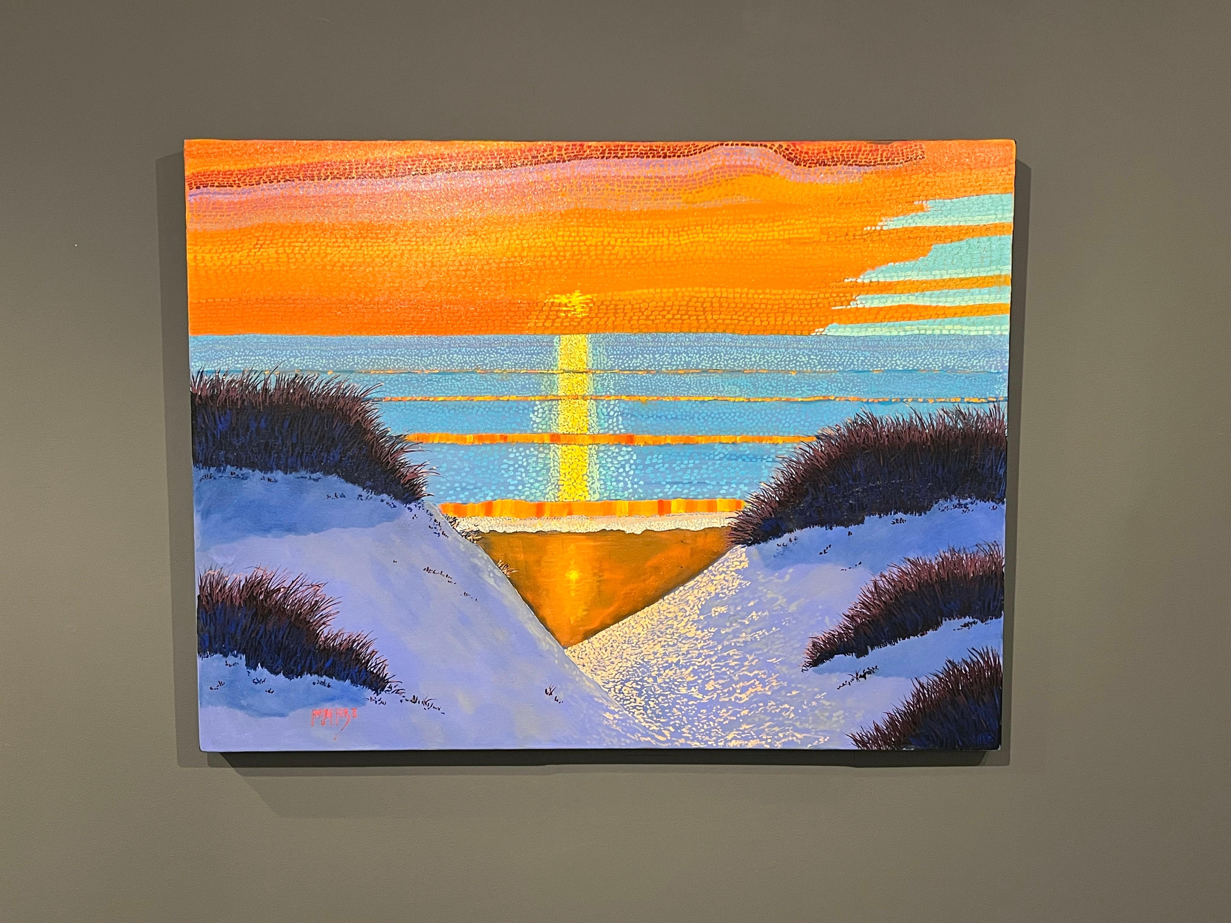 H.M. Saffer II, „Sunset Dunes“, 30x40 Orange Pointillistische Landschaft, Ölgemälde im Angebot 1