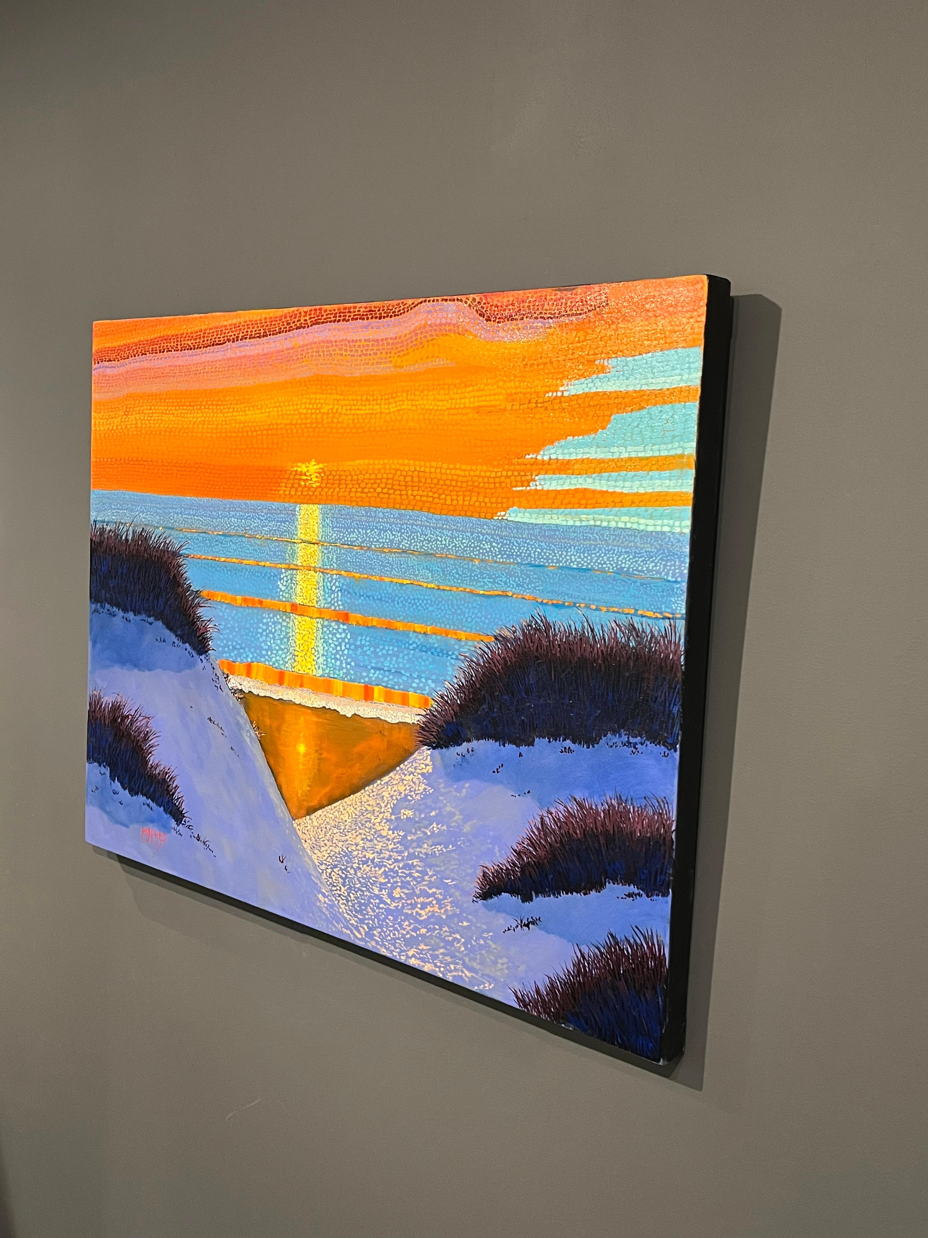 H.M. Saffer II, „Sunset Dunes“, 30x40 Orange Pointillistische Landschaft, Ölgemälde im Angebot 2