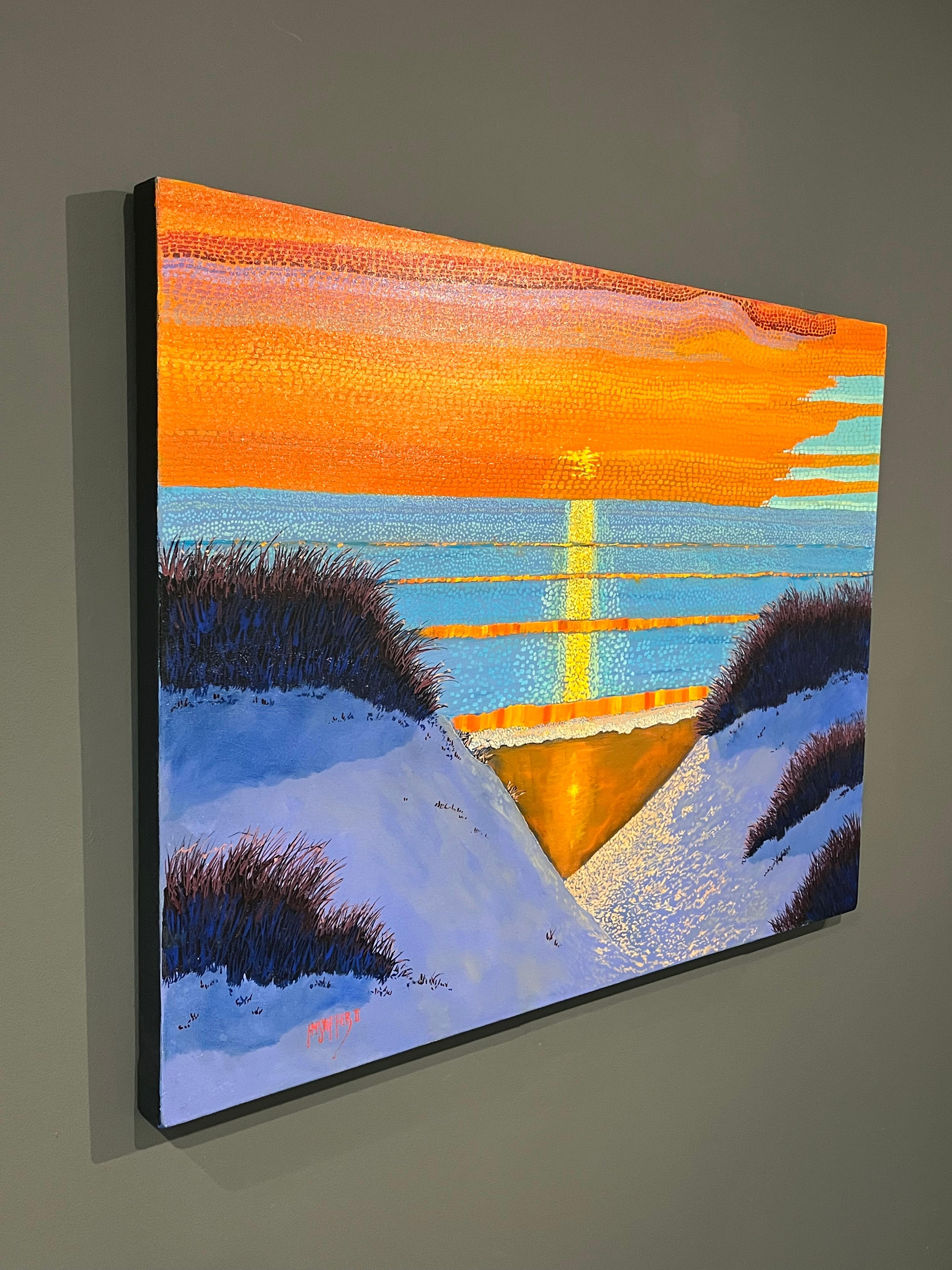 H.M. Saffer II, „Sunset Dunes“, 30x40 Orange Pointillistische Landschaft, Ölgemälde im Angebot 3