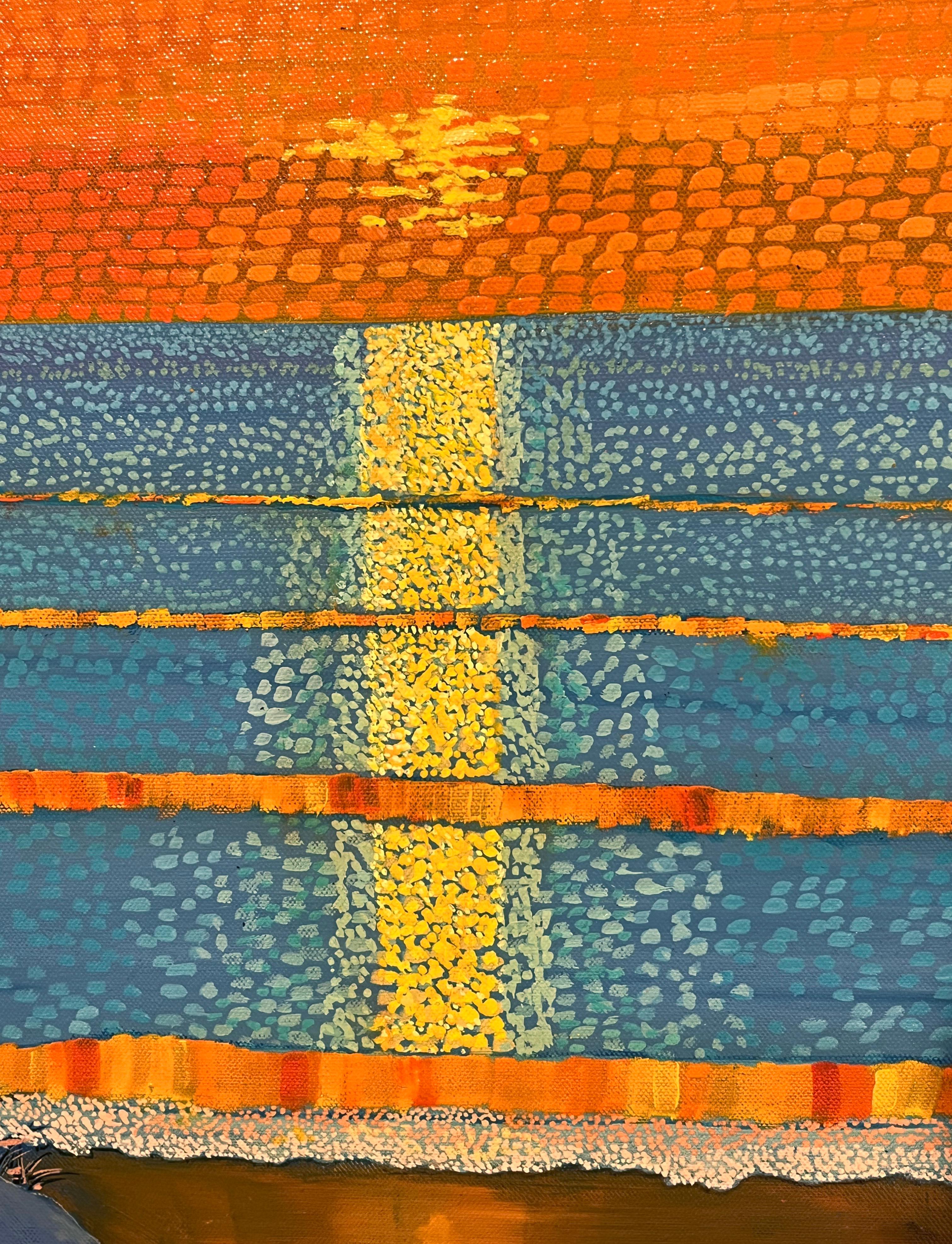 H.M. Saffer II, „Sunset Dunes“, 30x40 Orange Pointillistische Landschaft, Ölgemälde im Angebot 4