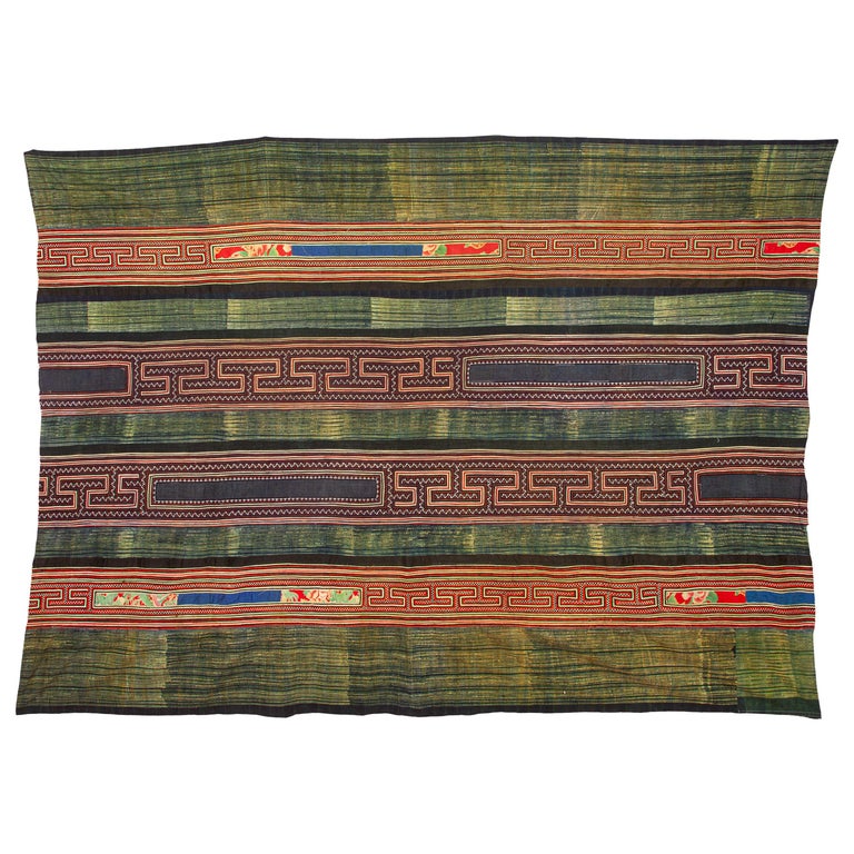 Hmong Batik and Embroidered Blanket with Indigo Based Green Color For