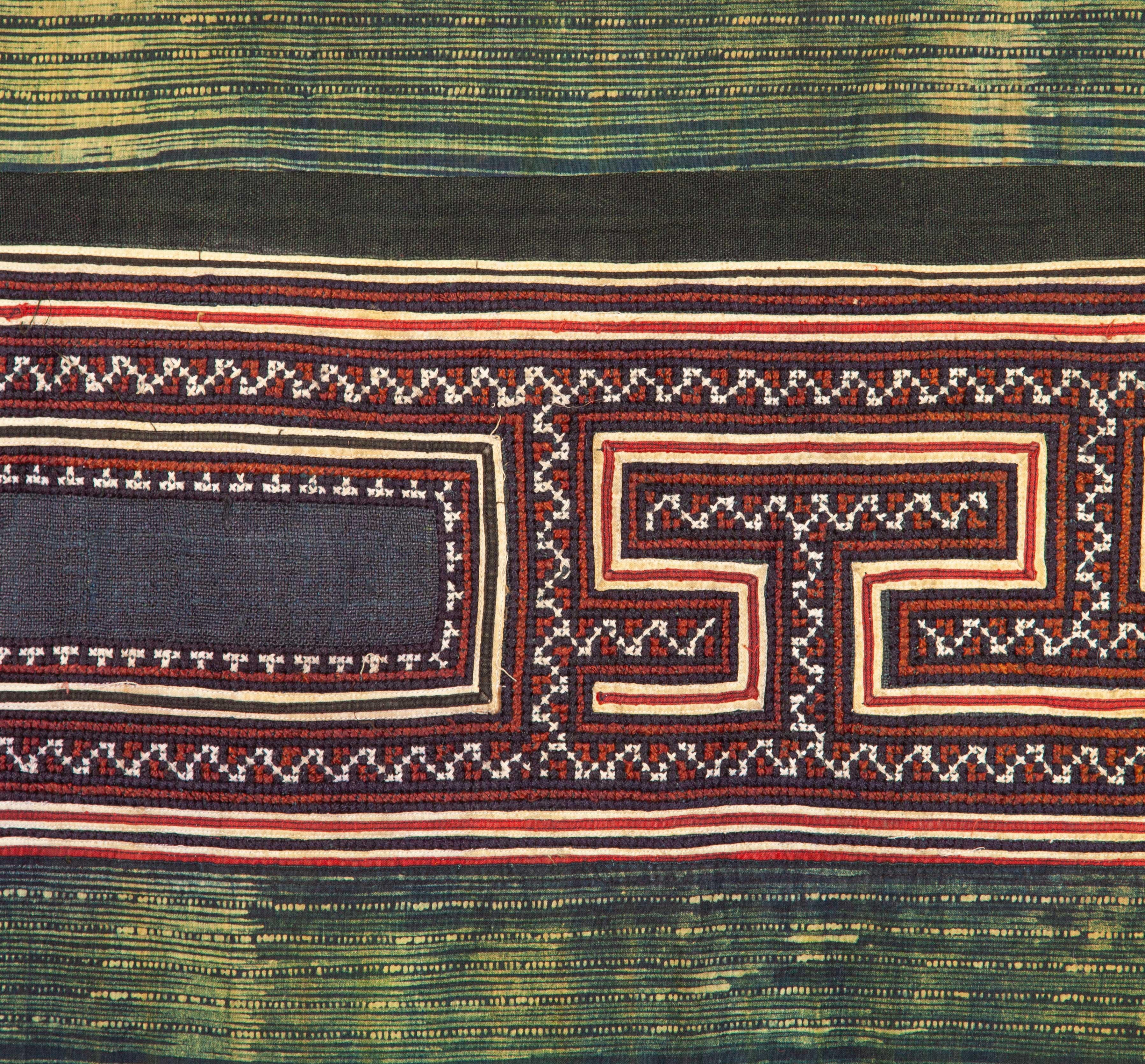 Tribal Hmong Batik and Embroidered Blanket with Indigo Based Green Color For Sale