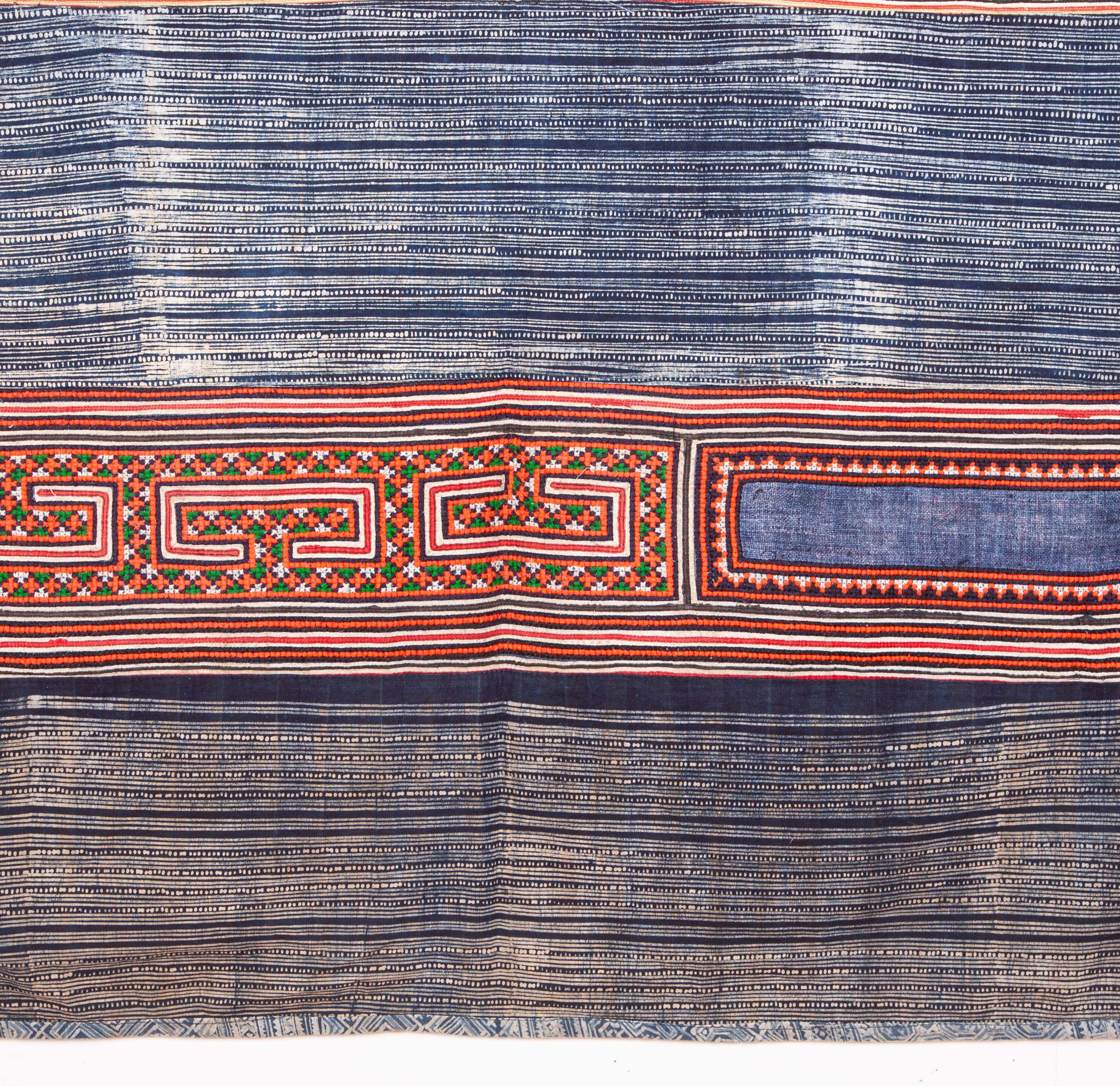 Tribal Hmong Batik and Embroidered Blanket with Indigo Color, Mid-20th Century For Sale