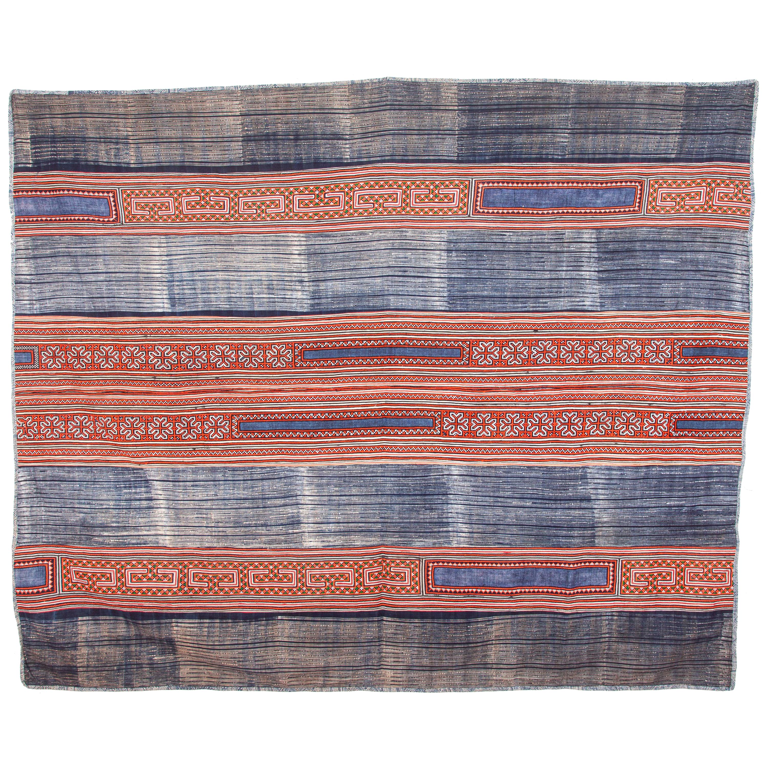 Hmong Batik and Embroidered Blanket with Indigo Color, Mid-20th Century