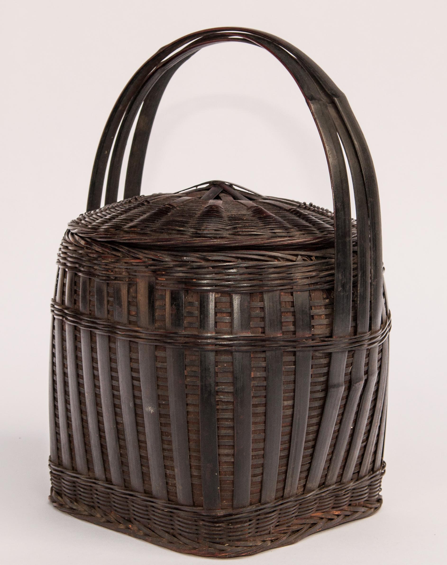 Tribal Hmong Storage Basket with Lid and Handle, Guizhou, China, Mid-20th Century
