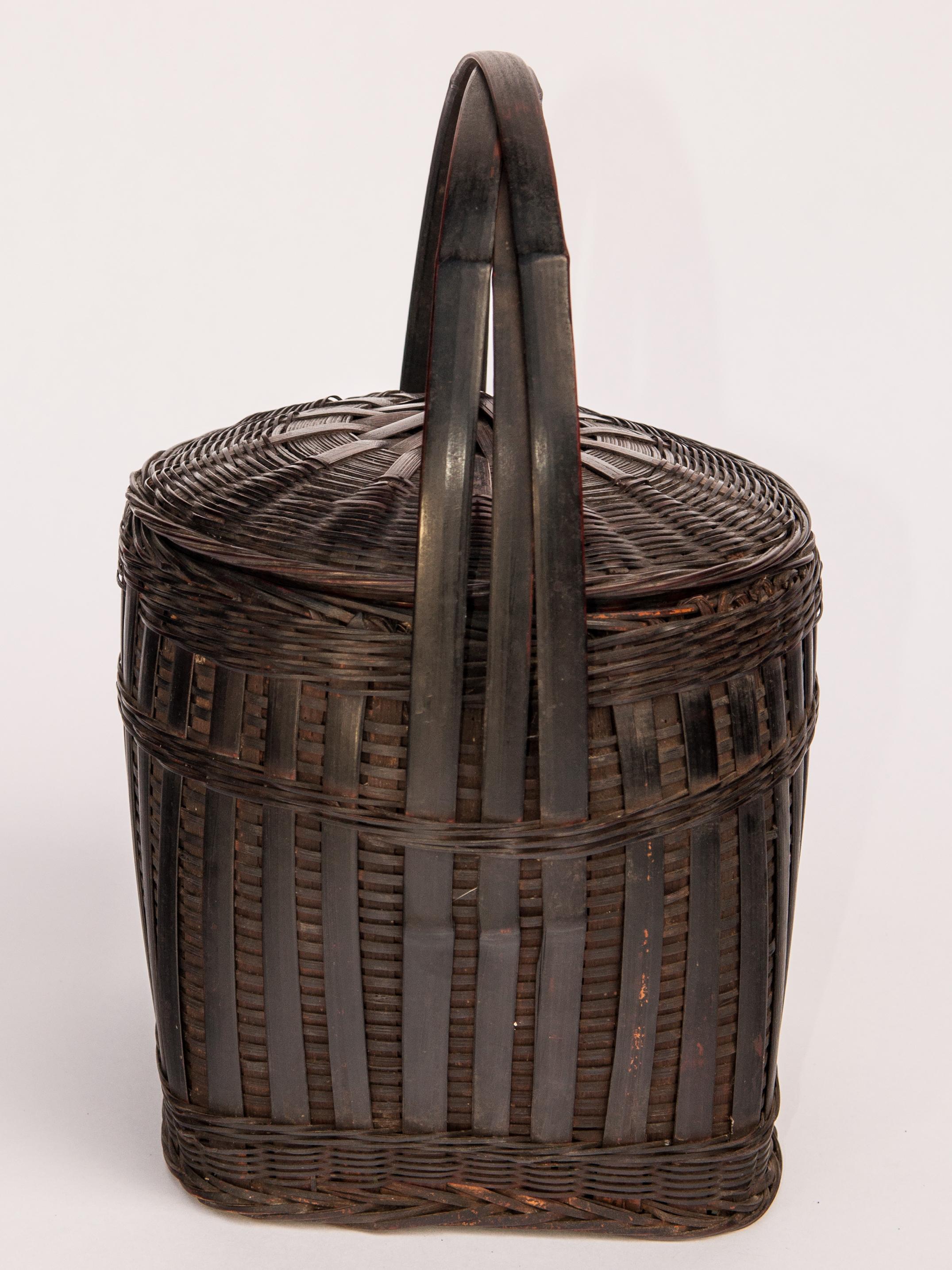 Chinese Hmong Storage Basket with Lid and Handle, Guizhou, China, Mid-20th Century