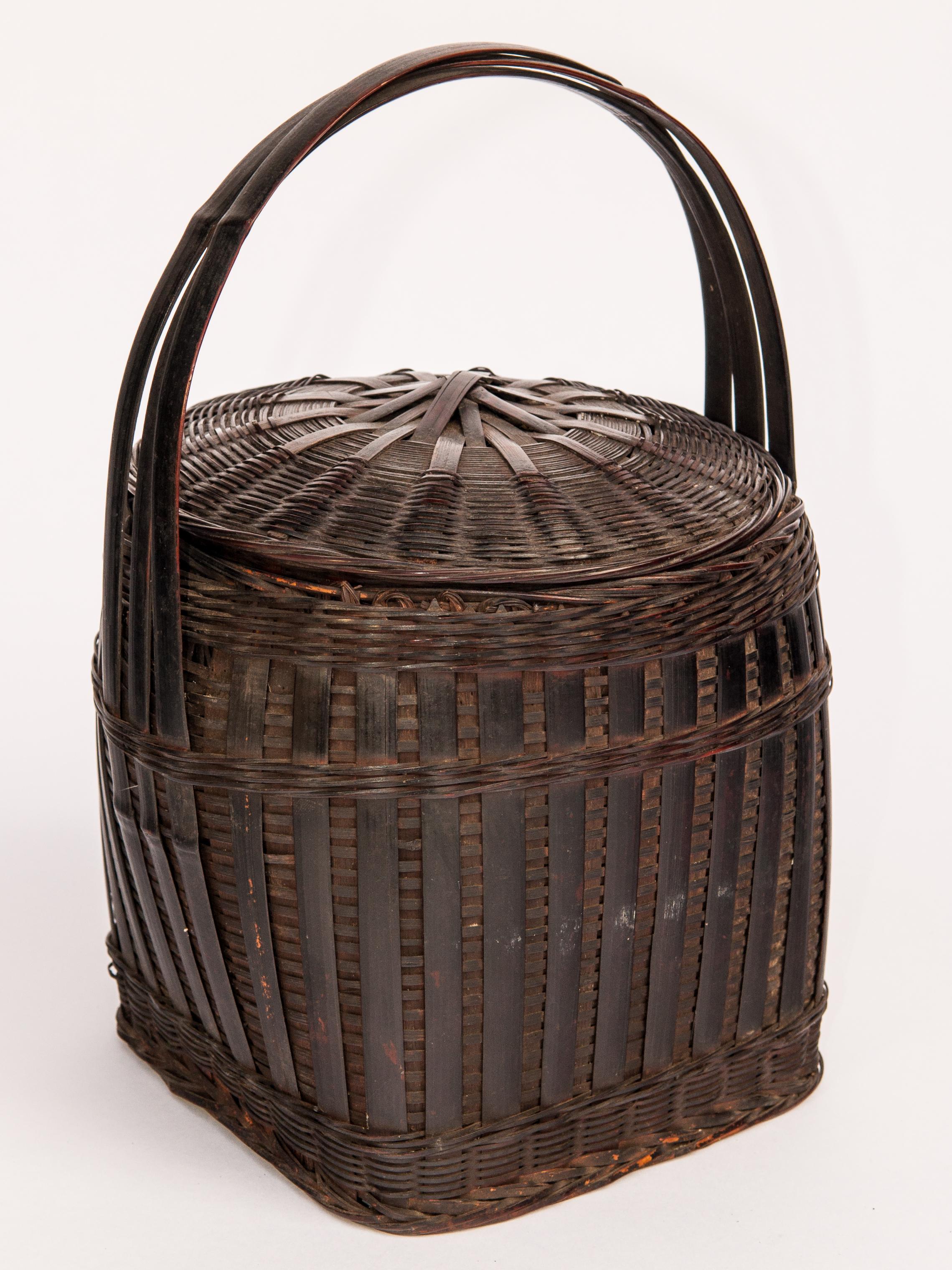 Hand-Crafted Hmong Storage Basket with Lid and Handle, Guizhou, China, Mid-20th Century