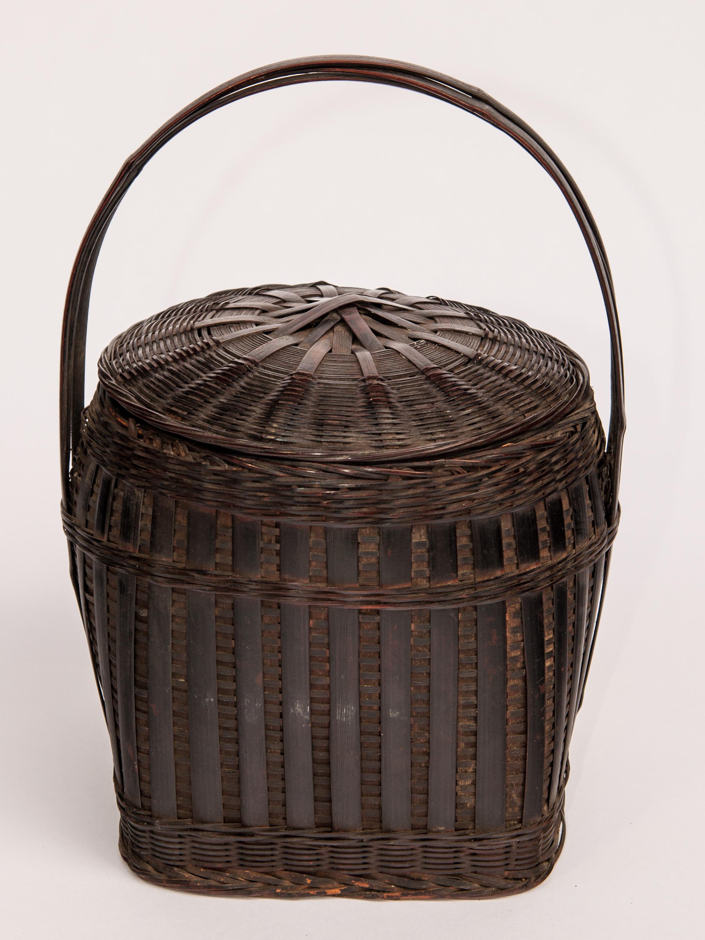 Bamboo Hmong Storage Basket with Lid and Handle, Guizhou, China, Mid-20th Century