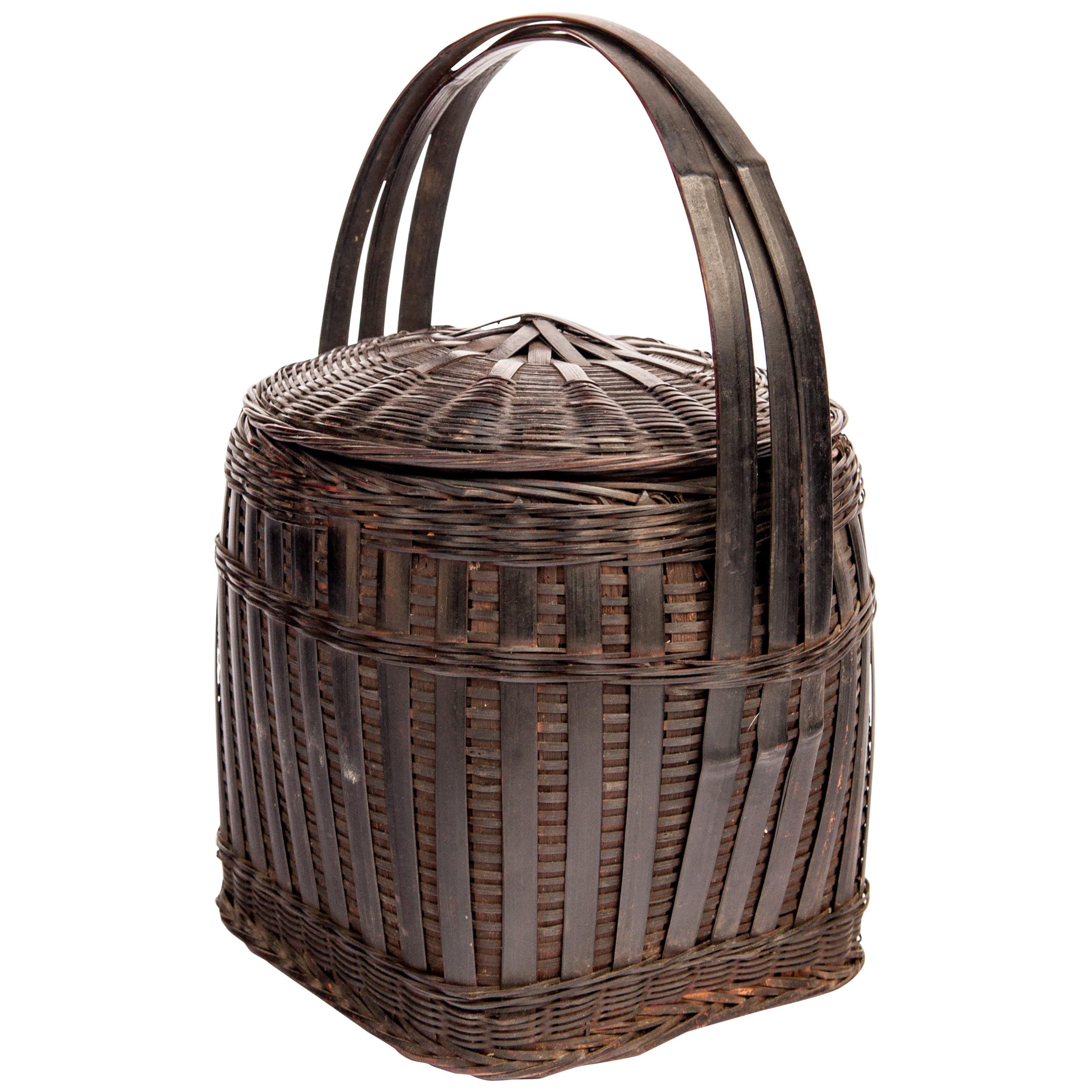Hmong Storage Basket with Lid and Handle, Guizhou, China, Mid-20th Century