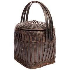 Vintage Hmong Storage Basket with Lid and Handle, Guizhou, China, Mid-20th Century