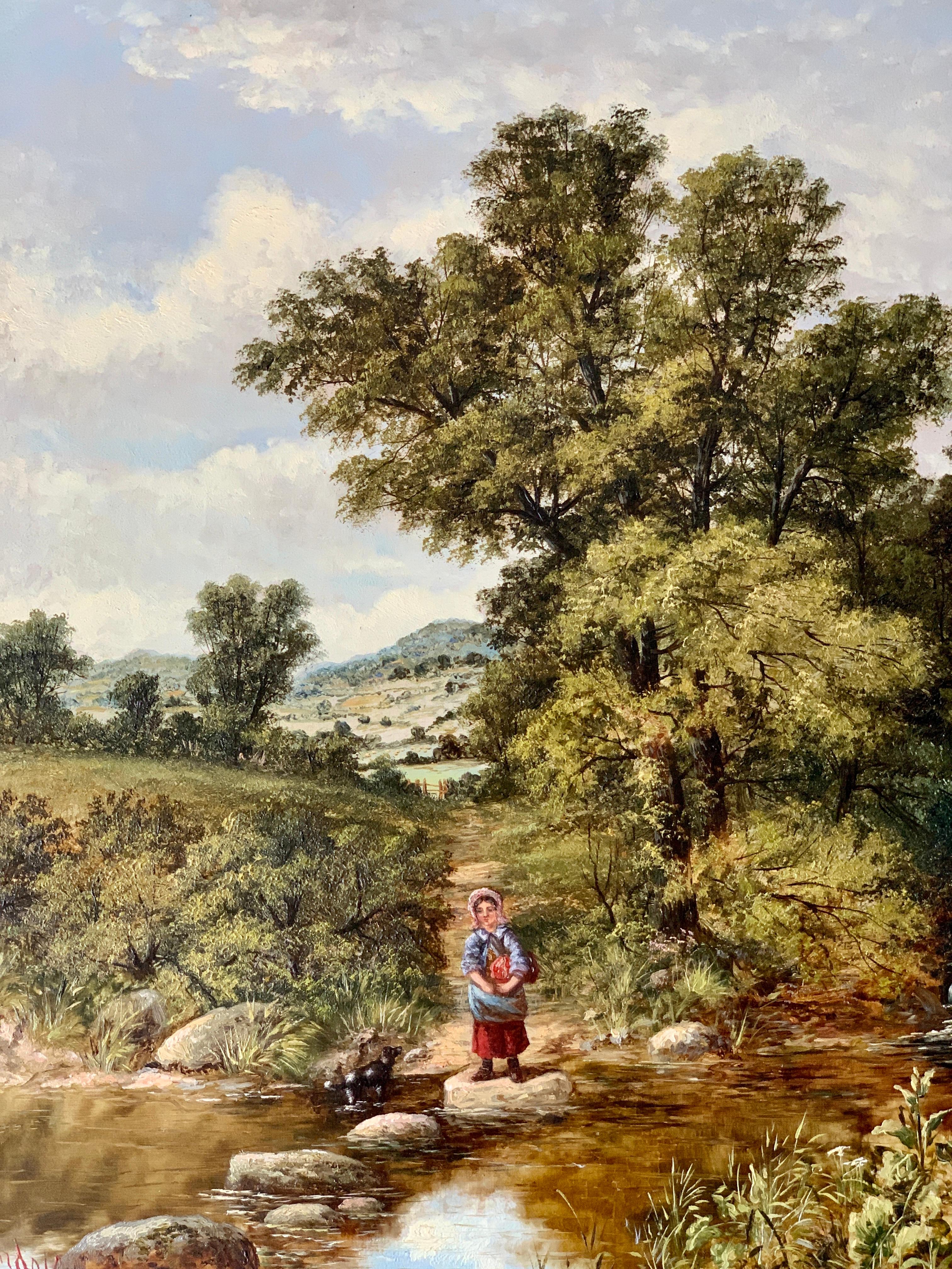 19th century English landscape with a woman crossing a river on stepping stones - Painting by Unknown