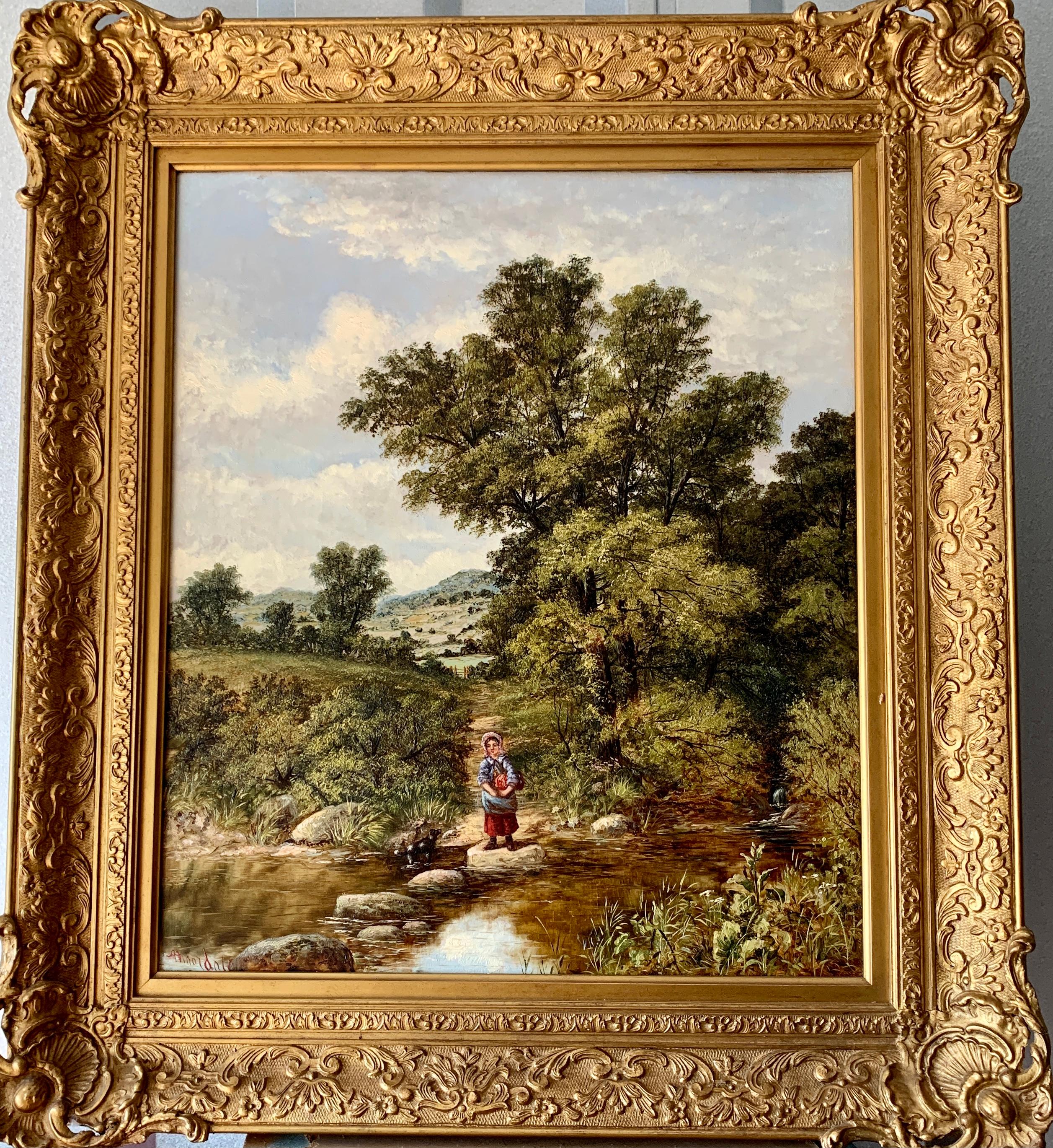Unknown Landscape Painting - 19th century English landscape with a woman crossing a river on stepping stones