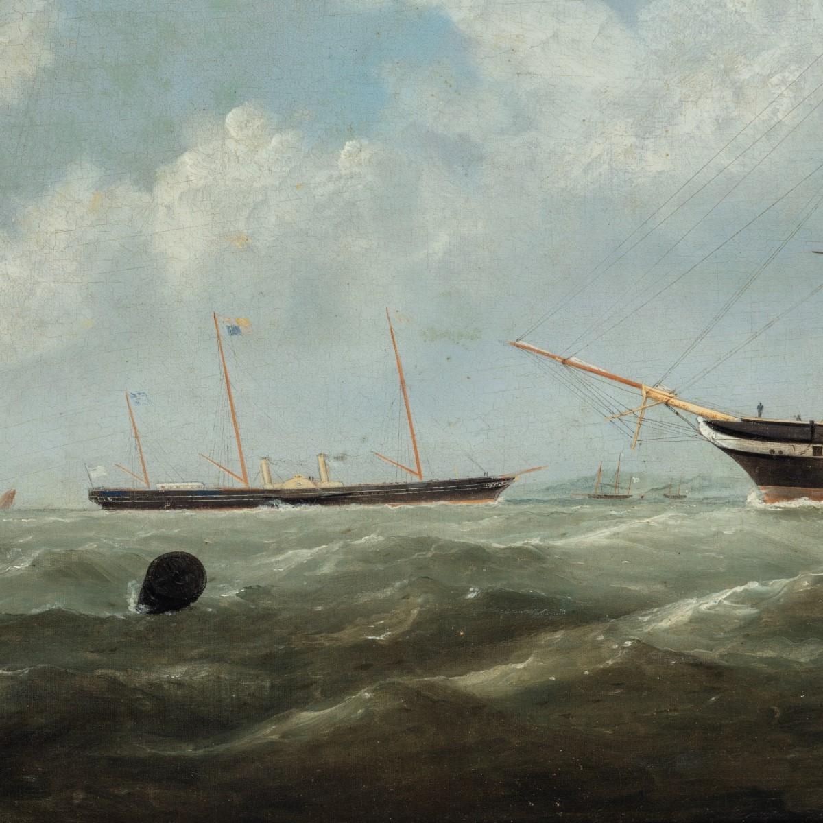 H.M.S. Topaze von George Mears, die dreimastige Fregatte unter Dampf mit der Royal Yacht Victoria and Albert II im Hintergrund am Bug, Öl auf Leinwand in einem vergoldeten Holzrahmen.  Englisch, um 1860.

Leinwand Höhe 18 Zoll Breite 36