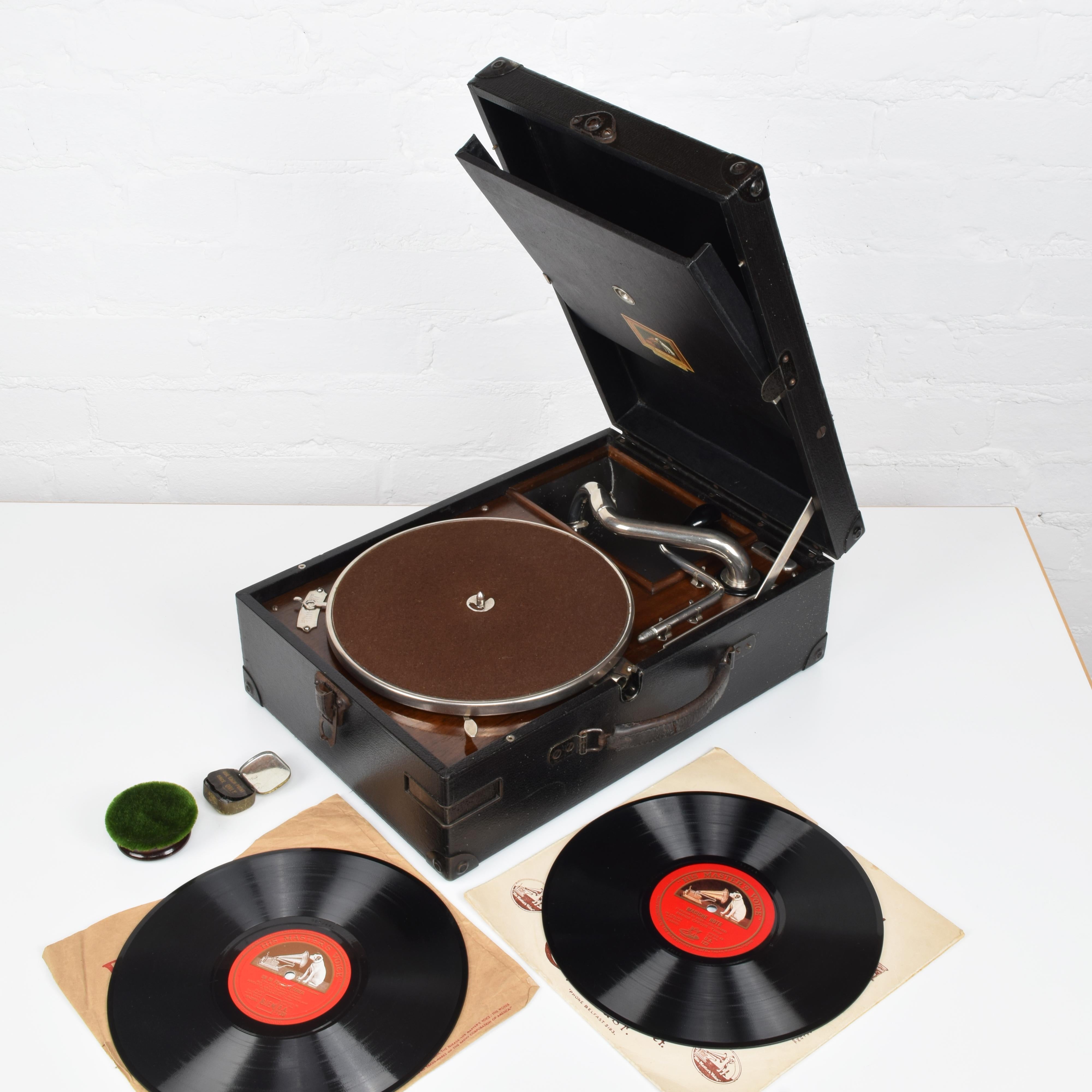 Faux Leather HMV Portable Gramophone 101 with Accessories & Records, Super Working Phonograph