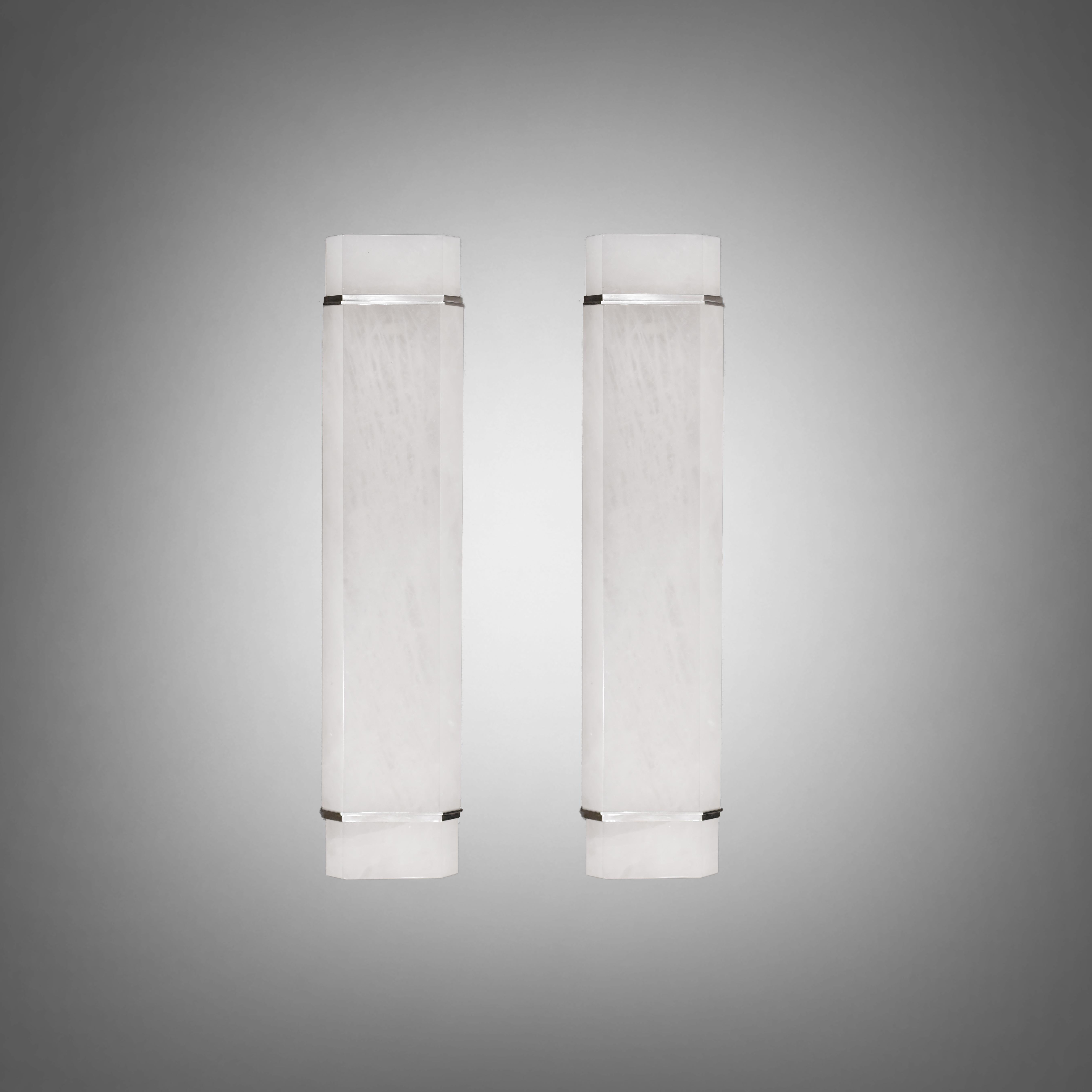 Pair of carve elegant form rock crystal sconces with nickel plating decoration.
Each sconce installed with two sockets. 80 watts LED warm light for each socket. 160 watt in total. Create by Phoenix Gallery.
Custom size upon request.