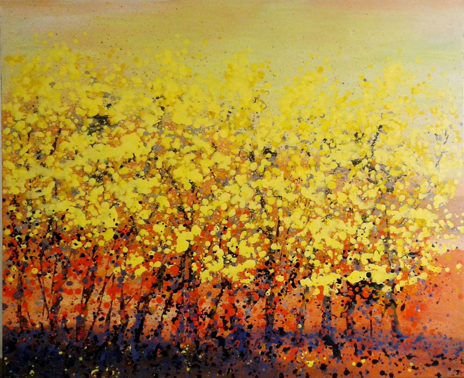 Otoño en Hanoi: Hojas amarillas caen en cada calle, Pintura, Acrílico sobre lienzo - Painting de Hoang Phuong