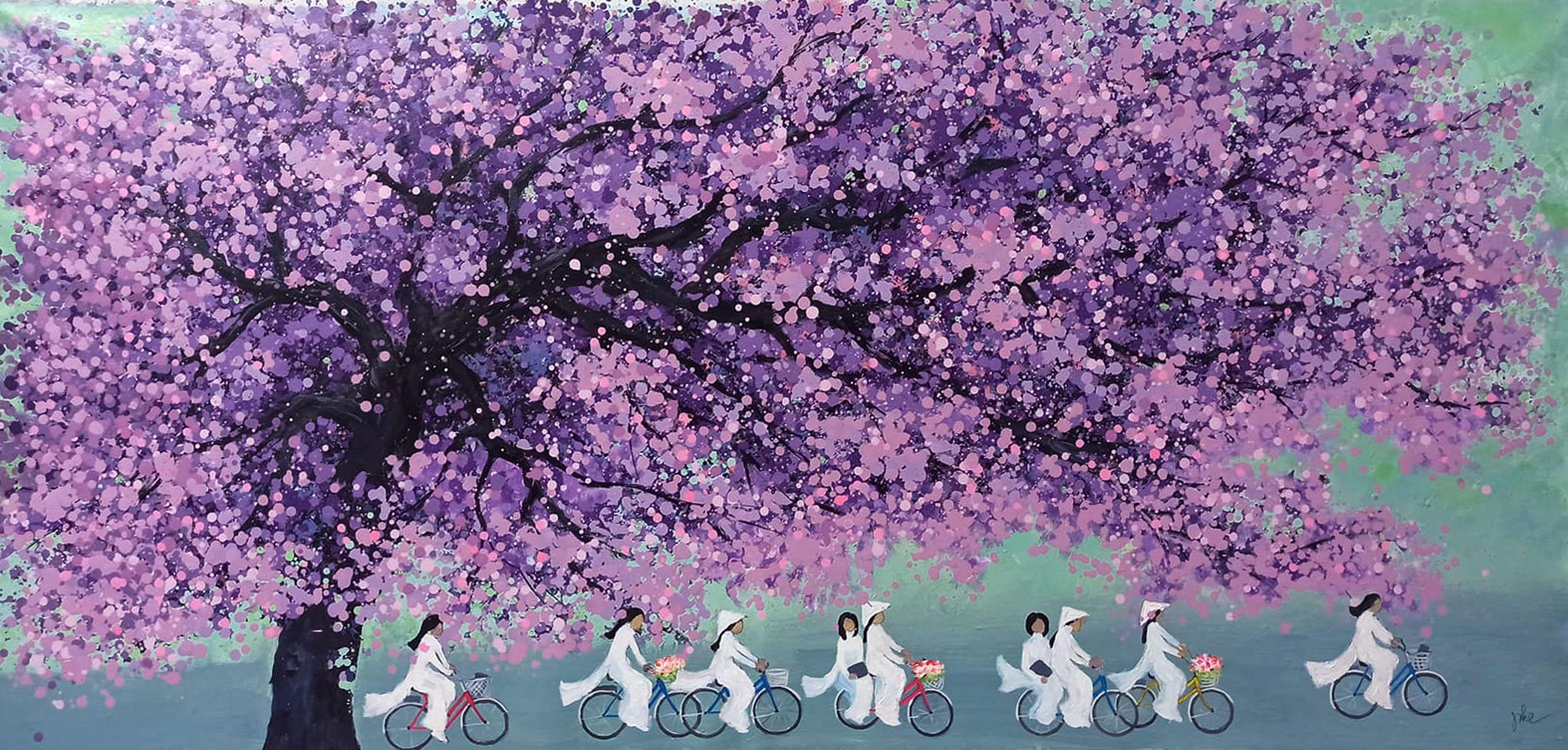 Belle et douce collégienne sous le soleil d'automne, peinture à l'acrylique sur toile - Impressionnisme Painting par Hoang Phuong