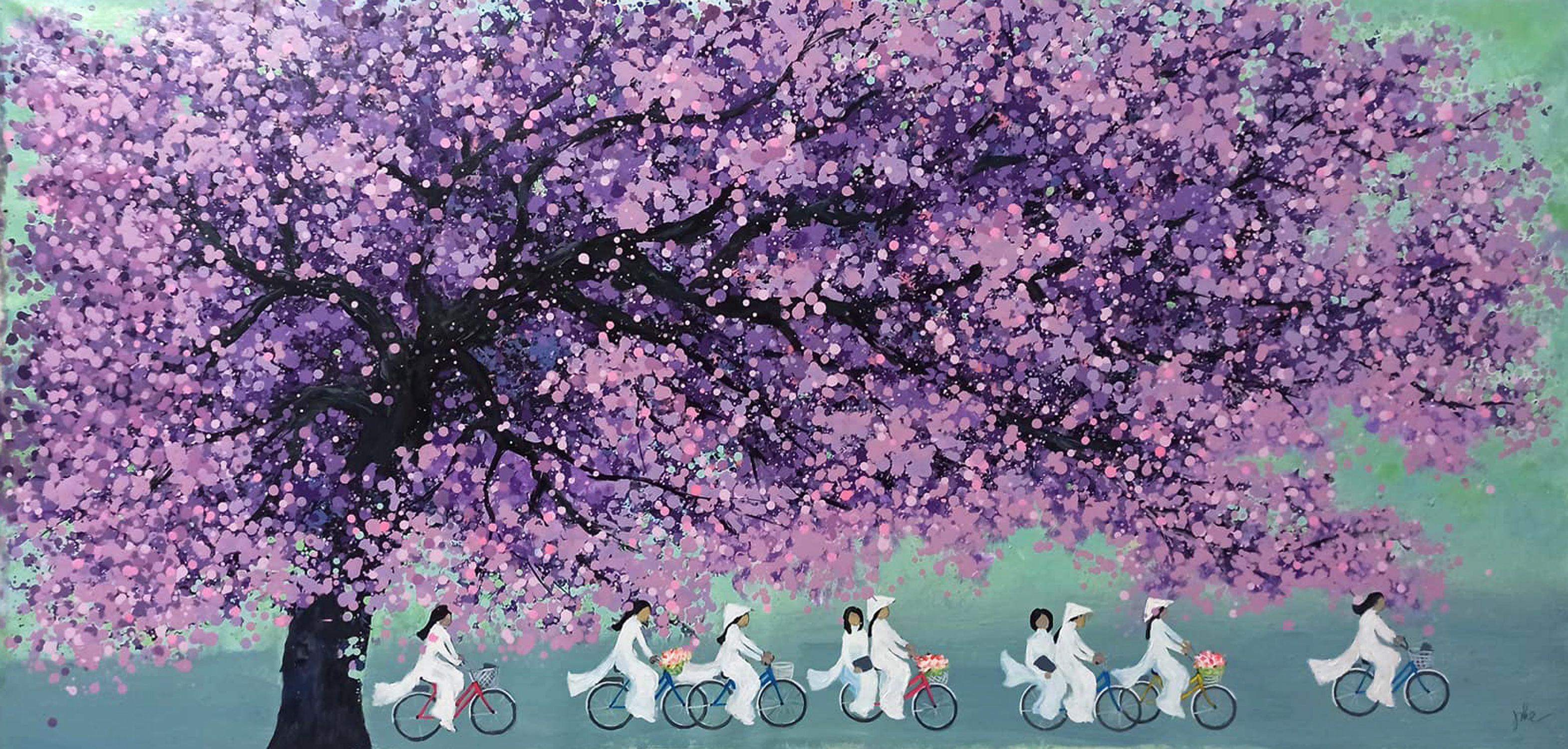 Bella e gentile studentessa sotto il sole d'autunno, , Pittura, Acrilico su tela - Painting di Hoang Phuong