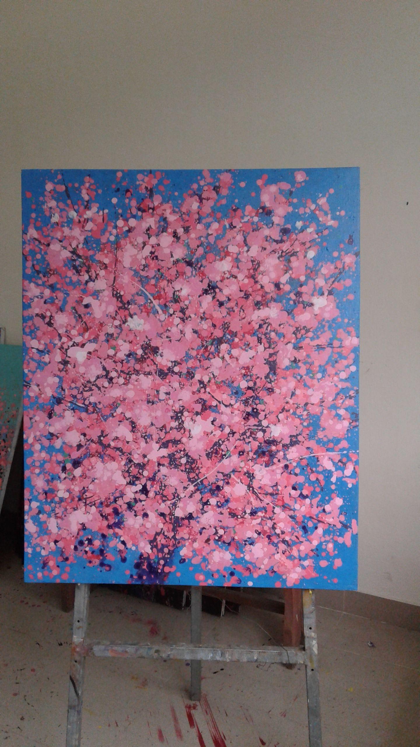 cherry blooms, Painting, Acrylic on Canvas For Sale 2