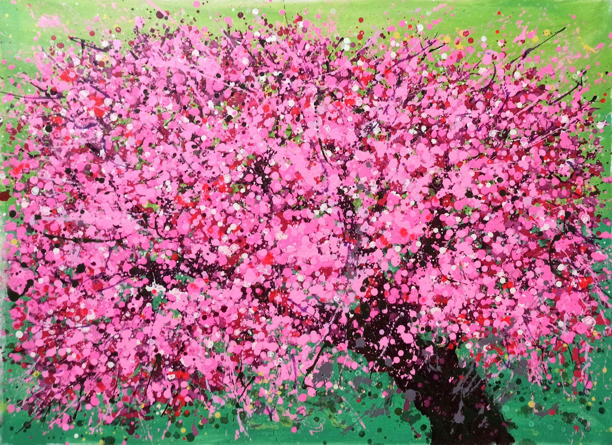 Fiori di ciliegio in fiore, Pittura, Acrilico su tela - Painting di Hoang Phuong