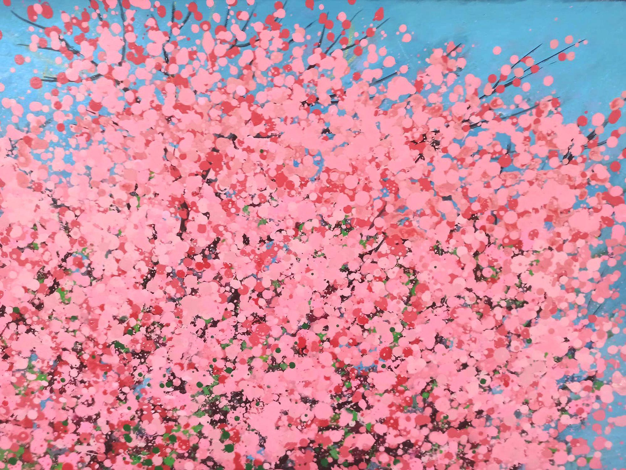 Peach blossom blooms in spring, Painting, Acrylic on Canvas For Sale 1