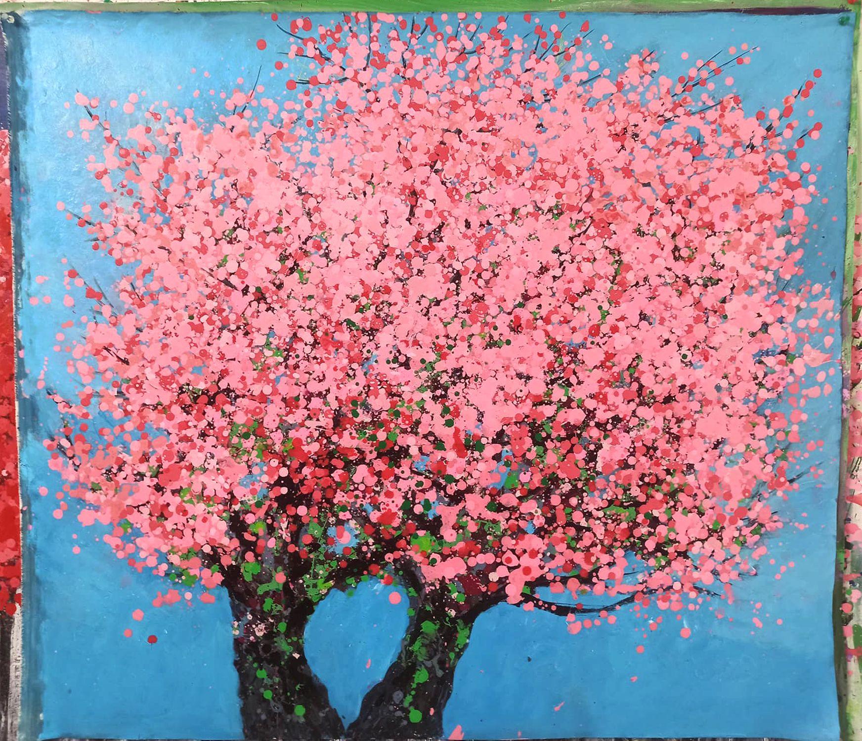 Peach blossom blooms in spring, Painting, Acrylic on Canvas For Sale 2