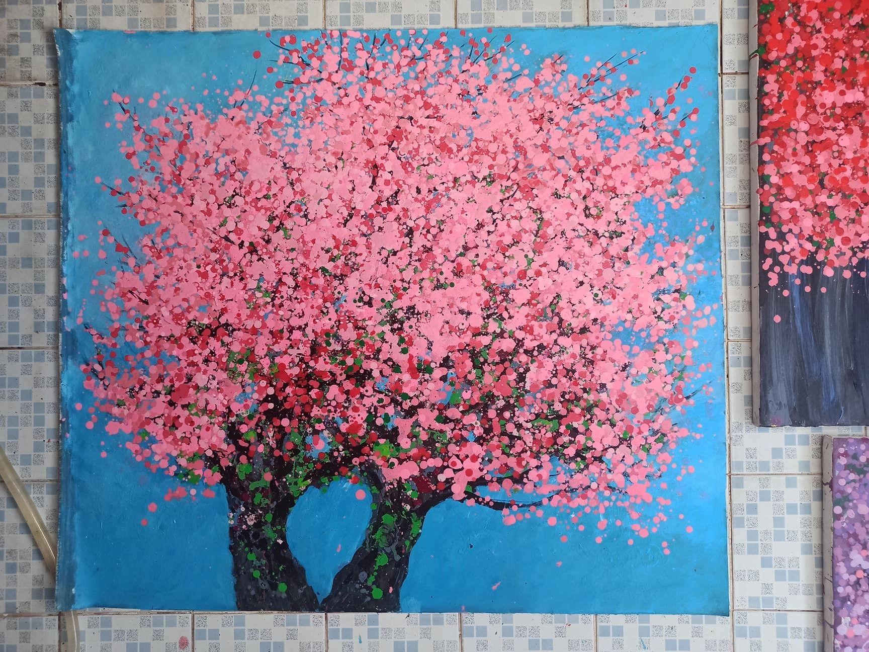 Peach blossom blooms in spring, Painting, Acrylic on Canvas For Sale 3