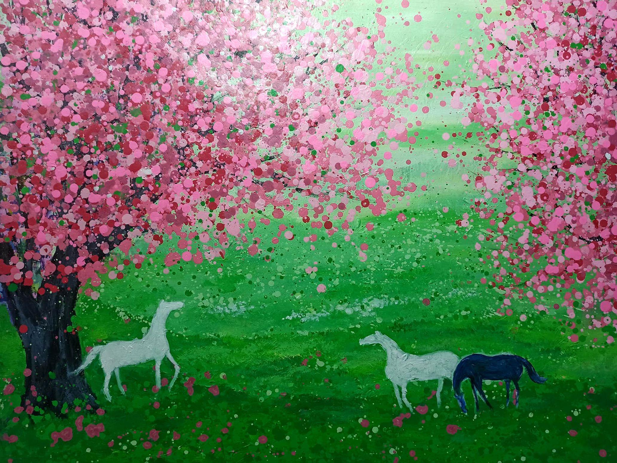 Peach blossoms bloom in spring, peaceful scenery, Painting, Acrylic on Canvas For Sale 1