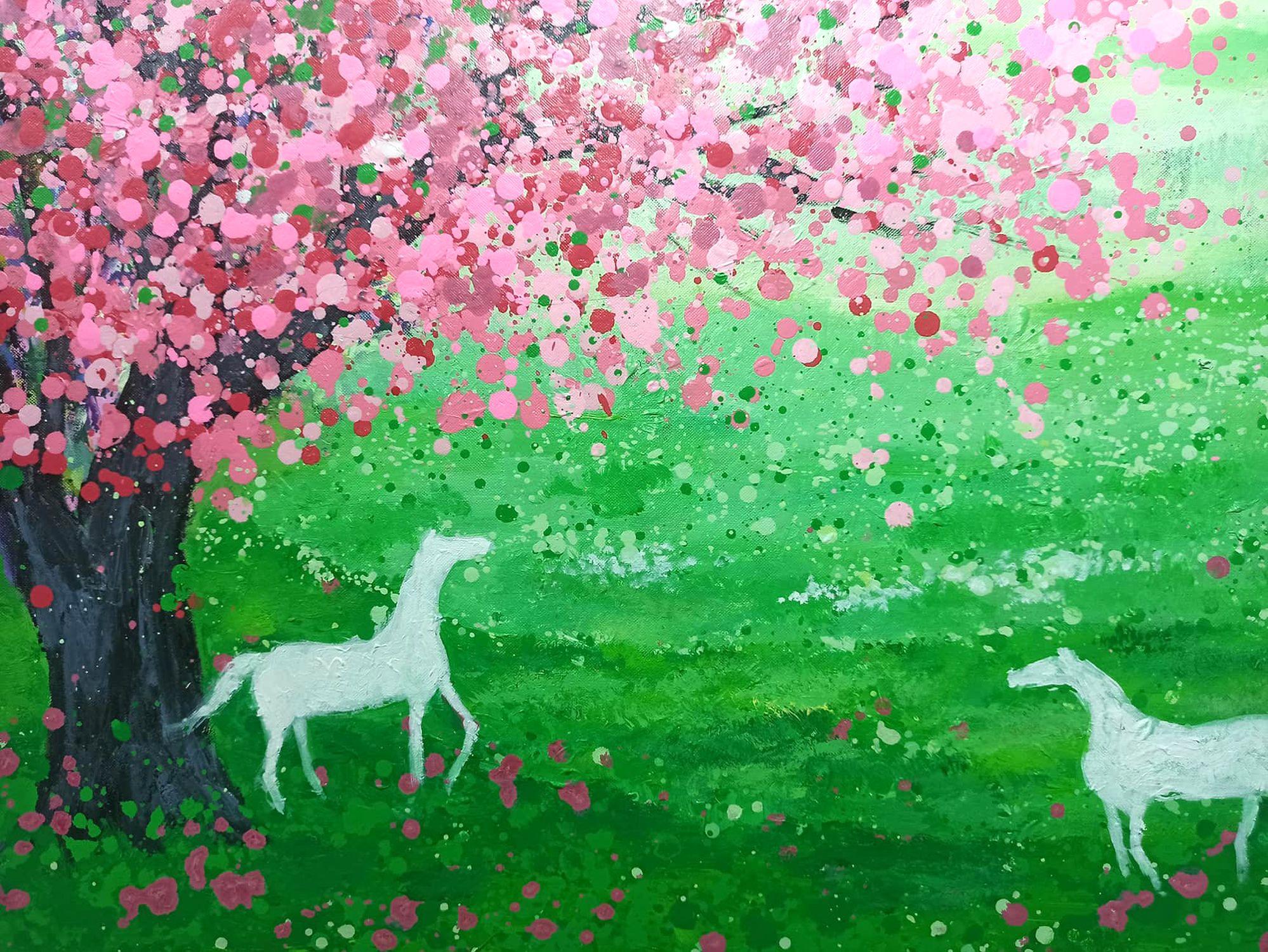 Peach blossoms bloom in spring, peaceful scenery, Painting, Acrylic on Canvas For Sale 4