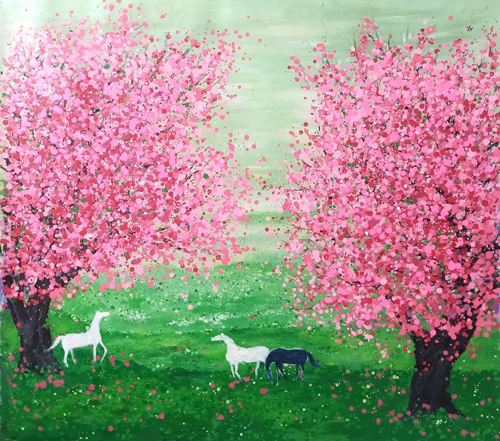 Peach blossom blooms in spring, peaceful scenery  . My paintings are painted using the drip technique like the artist Jackson Paullock. The painting is dripped with many layers of color and is very elaborately colored and takes a long time to