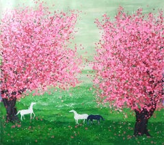 Peach blossoms bloom in spring, peaceful scenery, Painting, Acrylic on Canvas