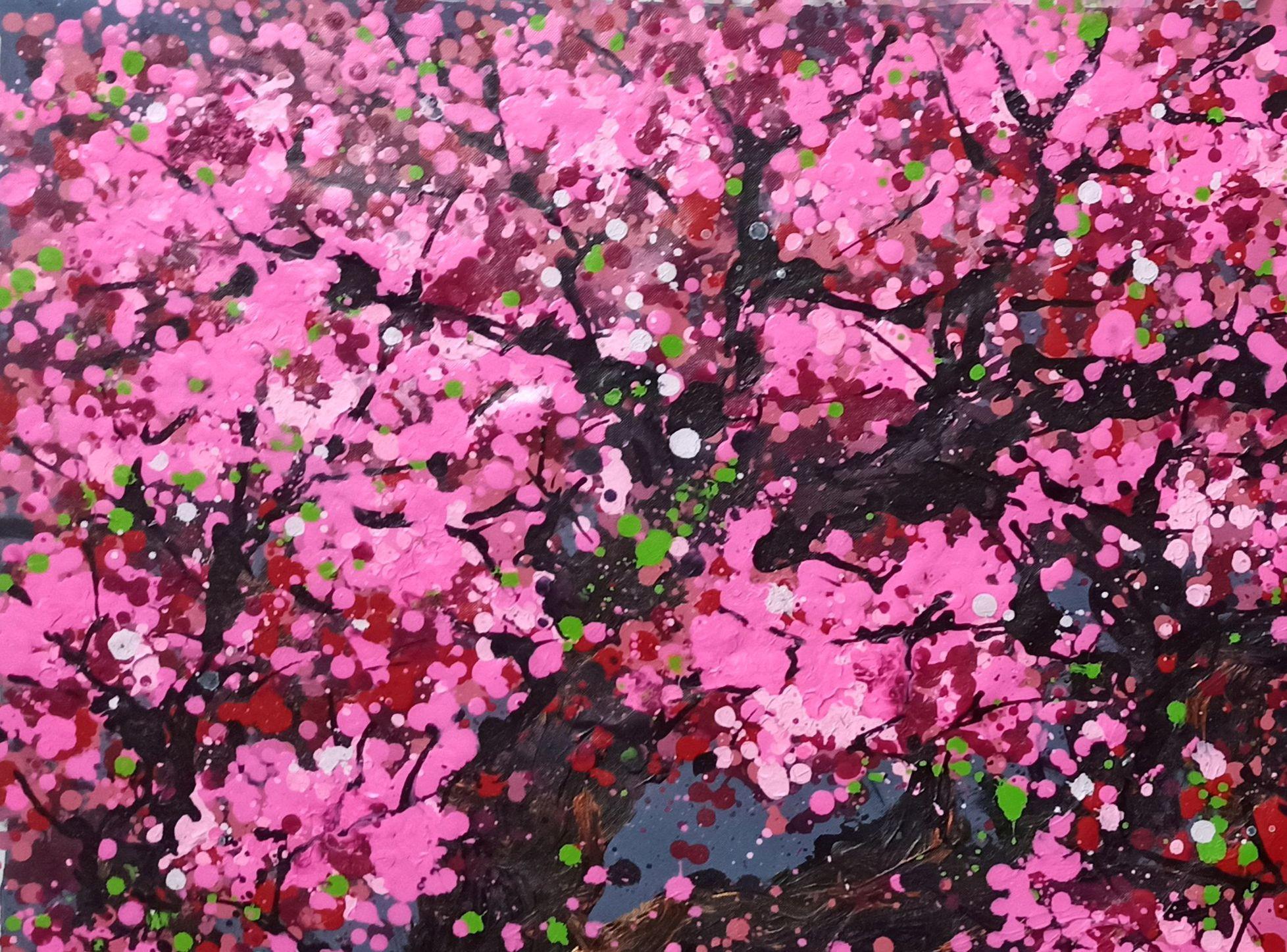 SAKURA - Fleur de cerisier, Peinture, Acrylique sur toile - Impressionnisme Painting par Hoang Phuong